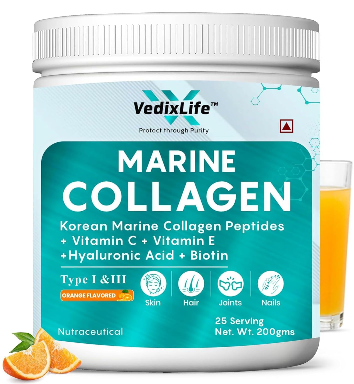 Marine Collagen Powder with Hyaluronic Acid, Vitamin C & E, Biotin | Supports Healthy Skin, Hair, Nails, Bone & Joint | Orange Flavour | count,25 servings (Pack Of 1)-image-48