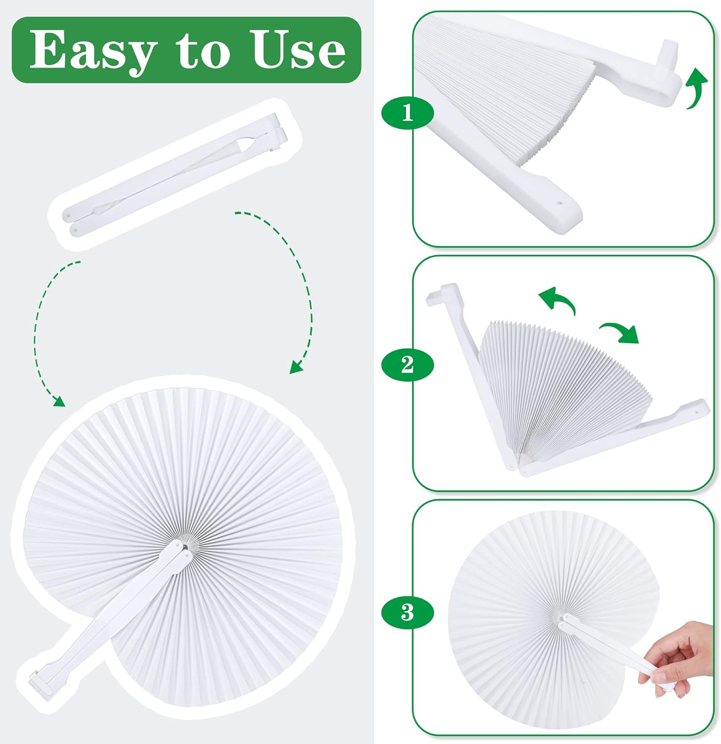 MCEAST 100 Pack Wedding Paper Fans Handheld Folding Fan White Round Shaped Folding Paper Fans Handheld Fan with Plastic Handle and Bags for Wedding Birthday Party Favors Supplies Home Decor
