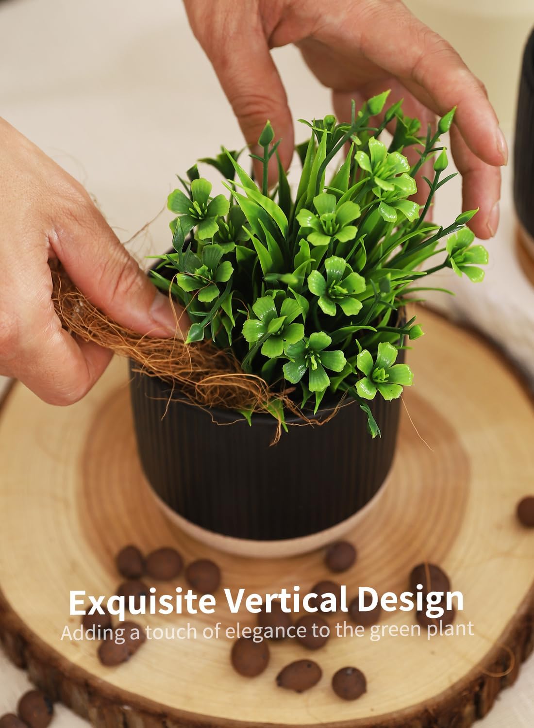4 Inch Ceramic Plant Pots with Drainage Holes and Trays, Black Vertical Stripes Succulent Pot with Saucer, Small Flower Planter Sets for Indoor Plants, Cactus & Herbs, Set of 4