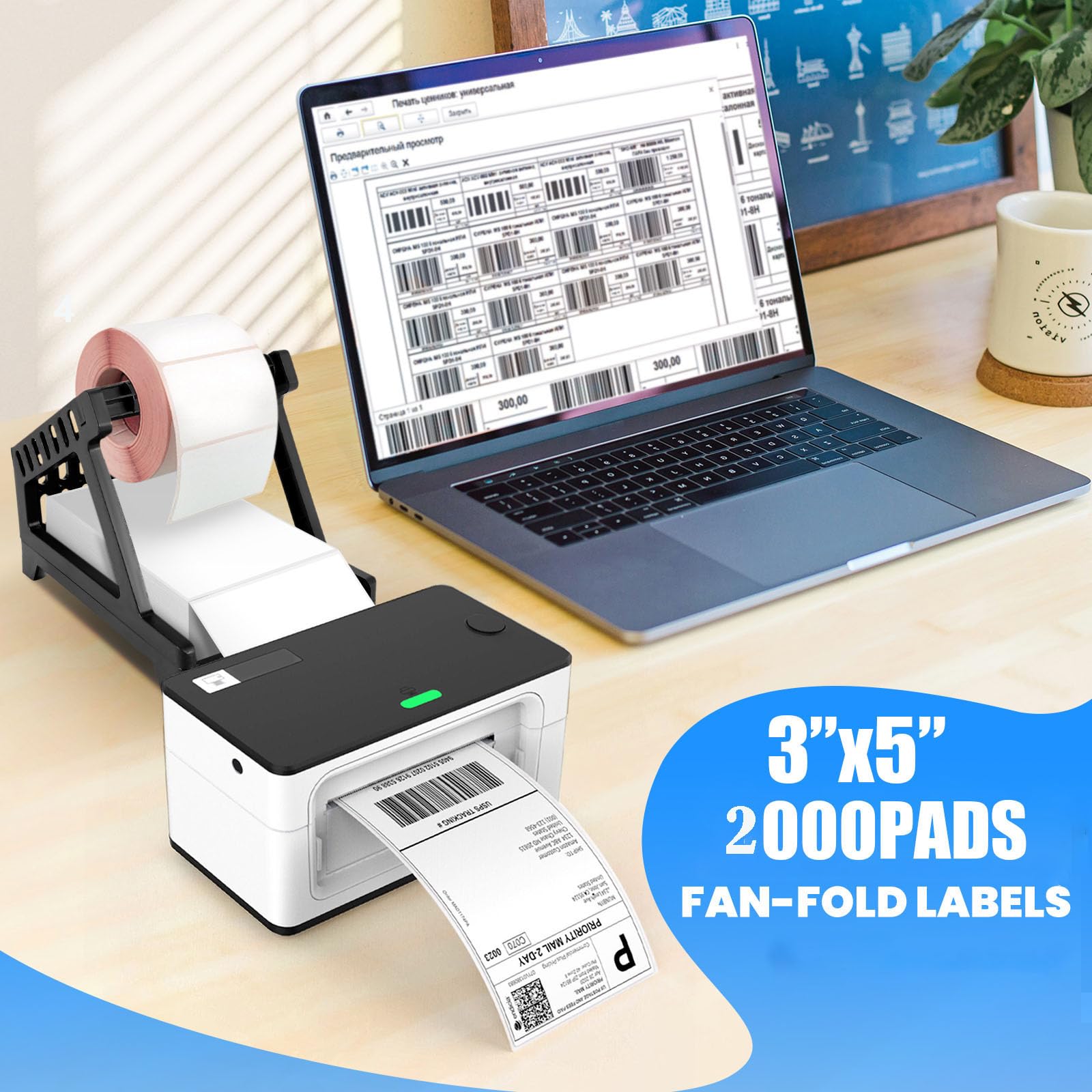 Etichette termiche, 3 x 5 etichette termiche piegate a ventaglio bianche perforate per spedizione, 70 g, impermeabili, per spedizioni espresse, autouso, forte adesivo (7,6 x 12 cm, 4 confezioni da 500