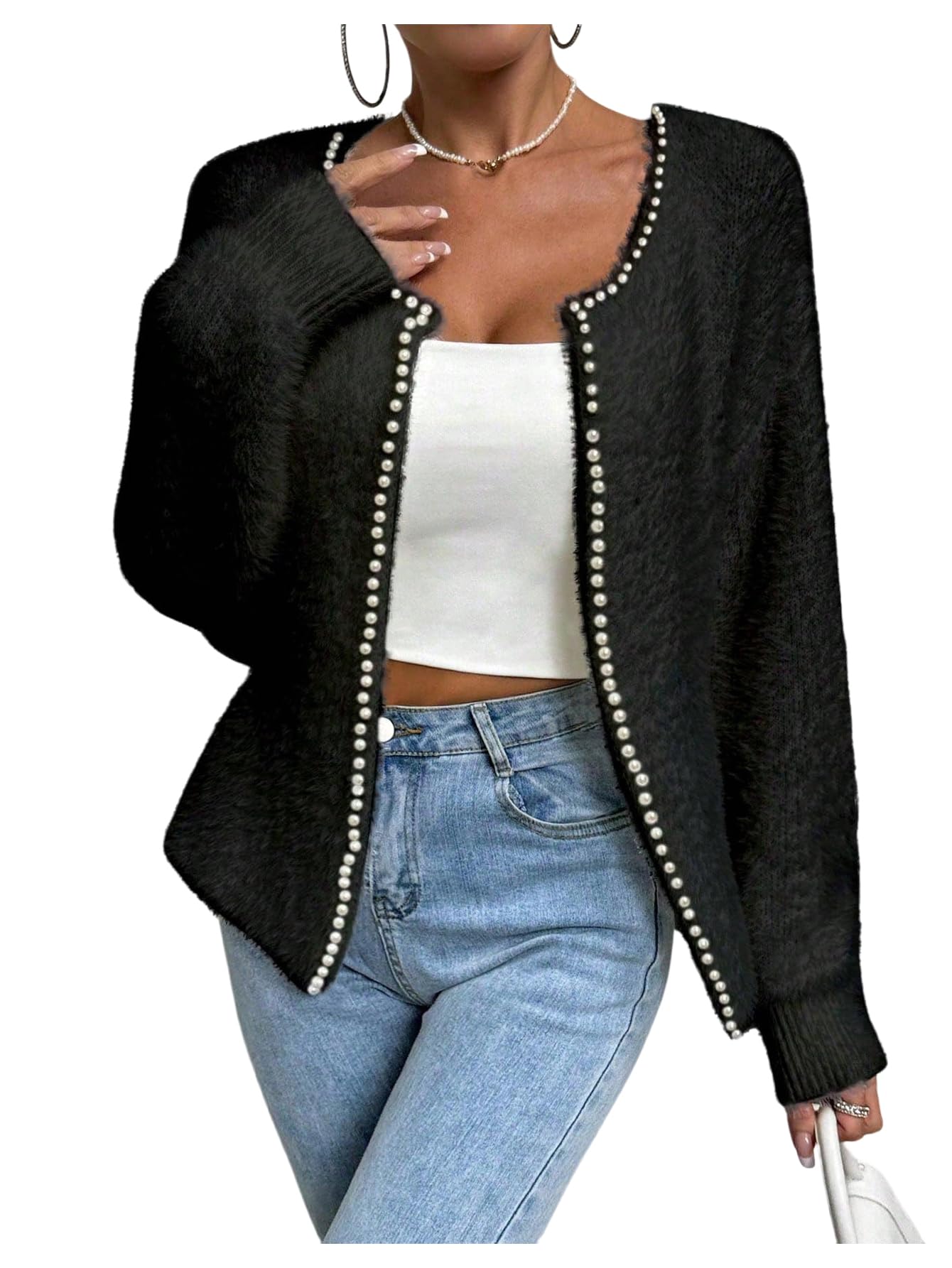 SOLY HUX Womens Fuzzy Open Front Cardigan Elegant Pearl Long Sleeve Dressy Casual Sweaters Outerwear