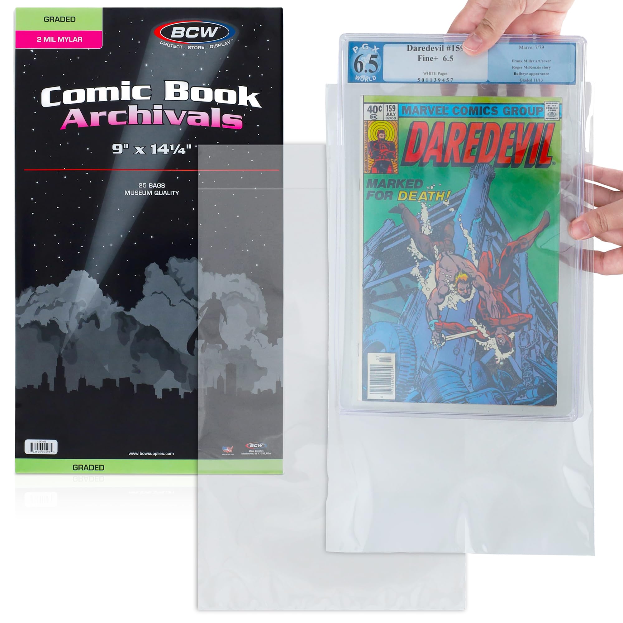 BCW Graded Mylar Comic Book Bags - 25ct | Archival Polyester Protection | Fits CGC Graded Comics | 2 Mil Thickness | 1-1/2" Flap for Secure Closure | 9 x 14 1/4 | Clear Comic Storage