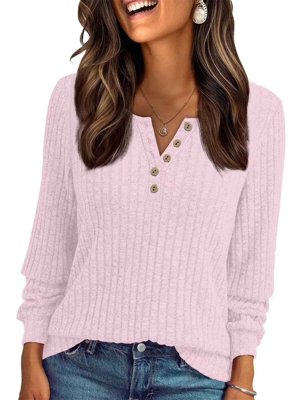 AirMood Damen-T-Shirt, elegant, lässig, langärmelig, gerippt, Tunika, Tops, lockere Passform, Sweatshirts