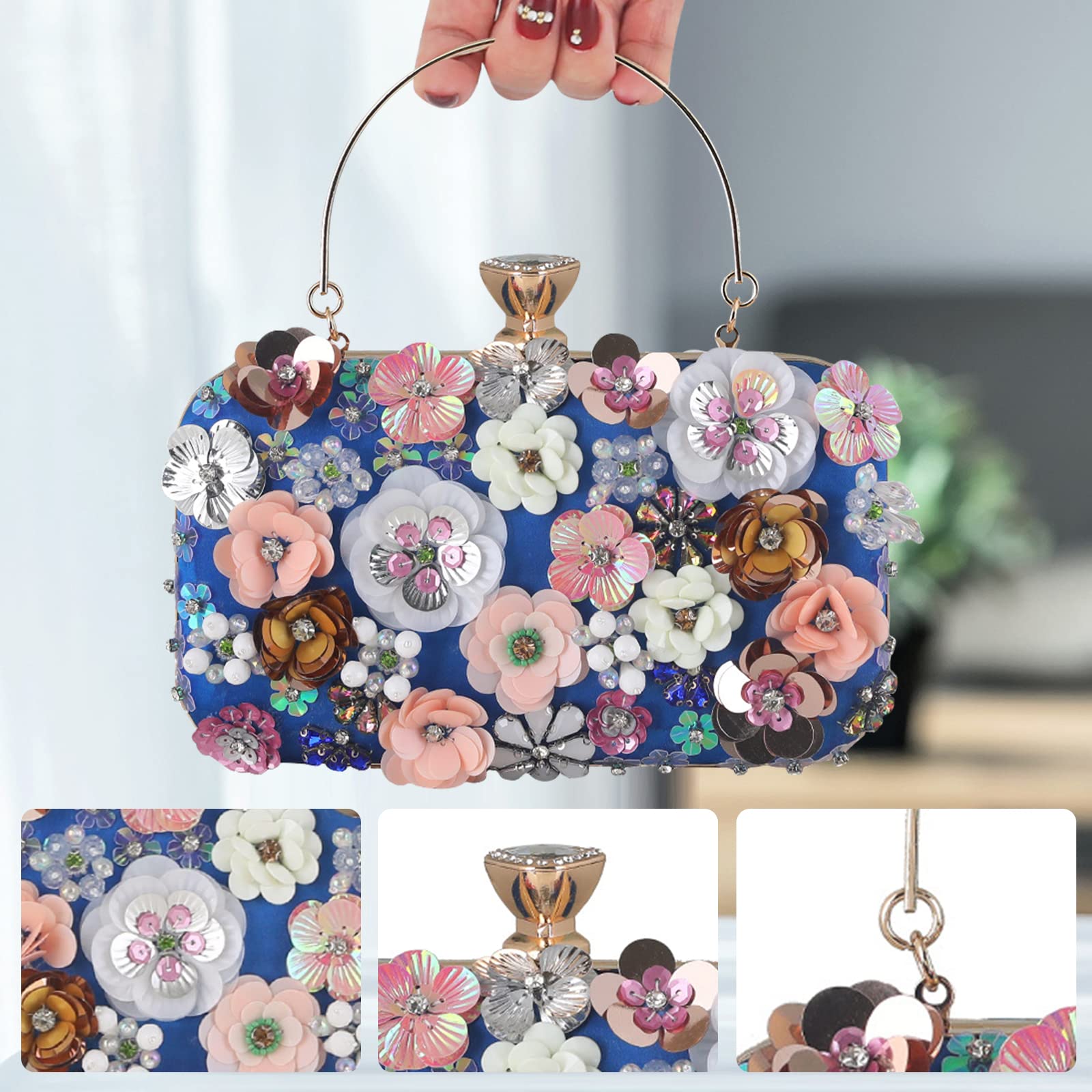 Bolsa de Noche para Mujer Flor Bolso de Boda Elegante Embrague Bolso de Hombro Bolsos Bandolera Bolsas de Mensajero para Fiesta de Graduación Banquete Boda Azul