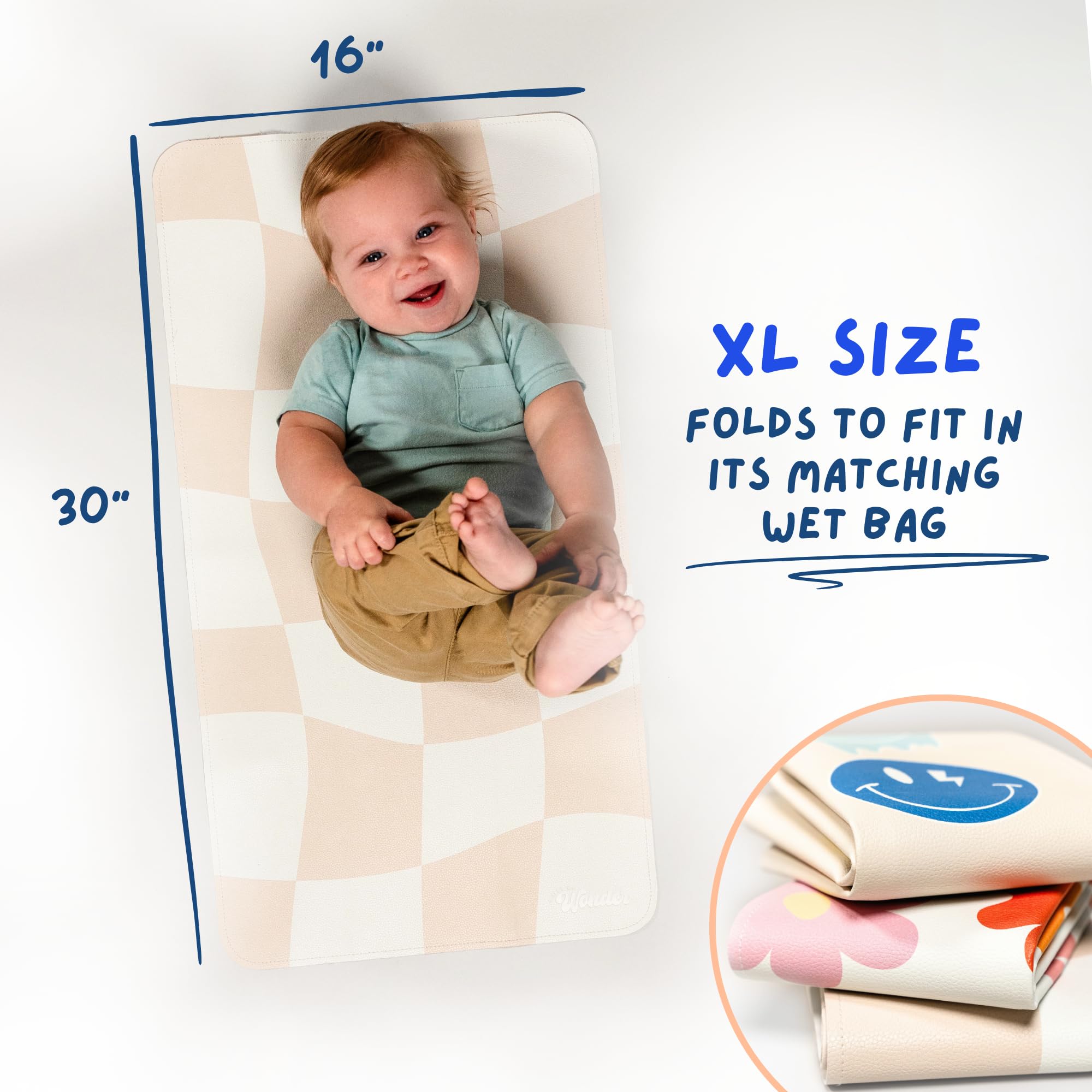 Cambiador de cuero vegano con bolsa húmeda impermeable reutilizable, no tóxico, almohadilla de pañales portátil que se pliega y se limpia (40,6 x 76,2 cm) (a cuadros)