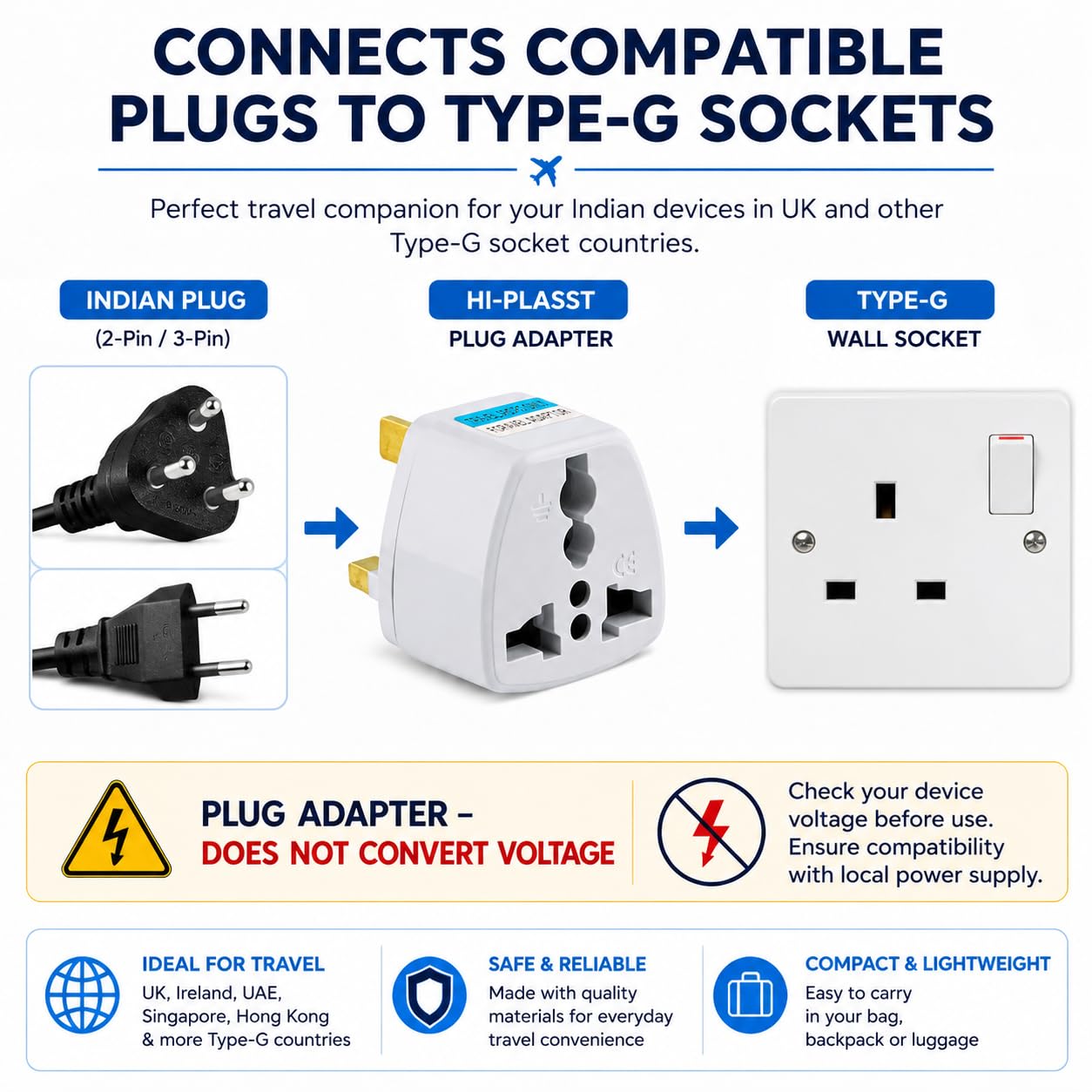 Hi-Plasst UK Type G Travel Plug Adapter Pack of 1, Universal Socket for Indian 2-Pin & 3-Pin Plugs, 13A 250V, Compact Travel Adapter for UK, UAE, Ireland, Singapore & Hong Kong — Amazon image 3