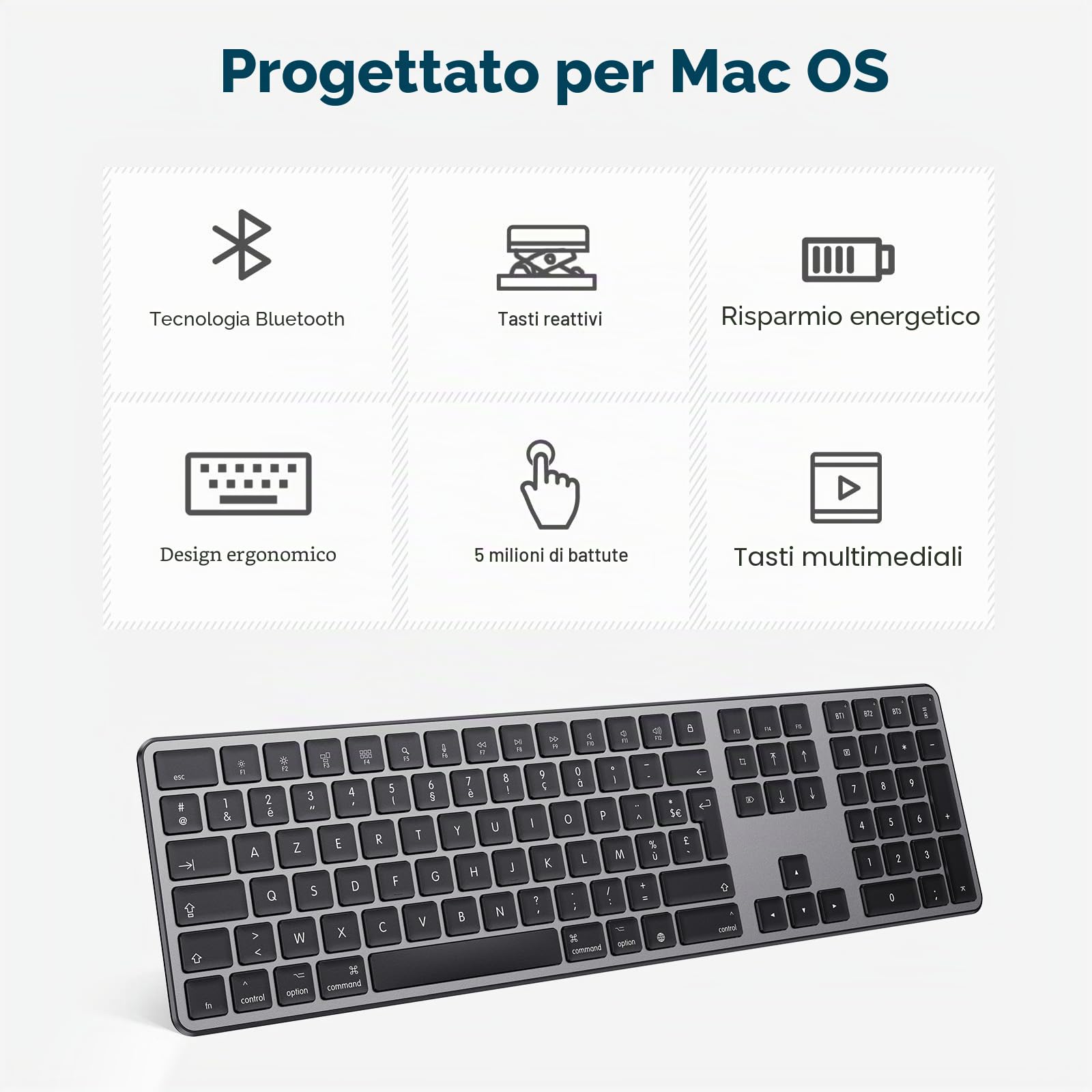 OMOTON Tastiera Bluetooth per Mac AZERTY francese, grigio scuro | Multi-dispositivo a 3 canali, ricaricabile, tasti a forbice per Apple Mac Pro/Mini, MacBook Neo/Air, iMac Pro