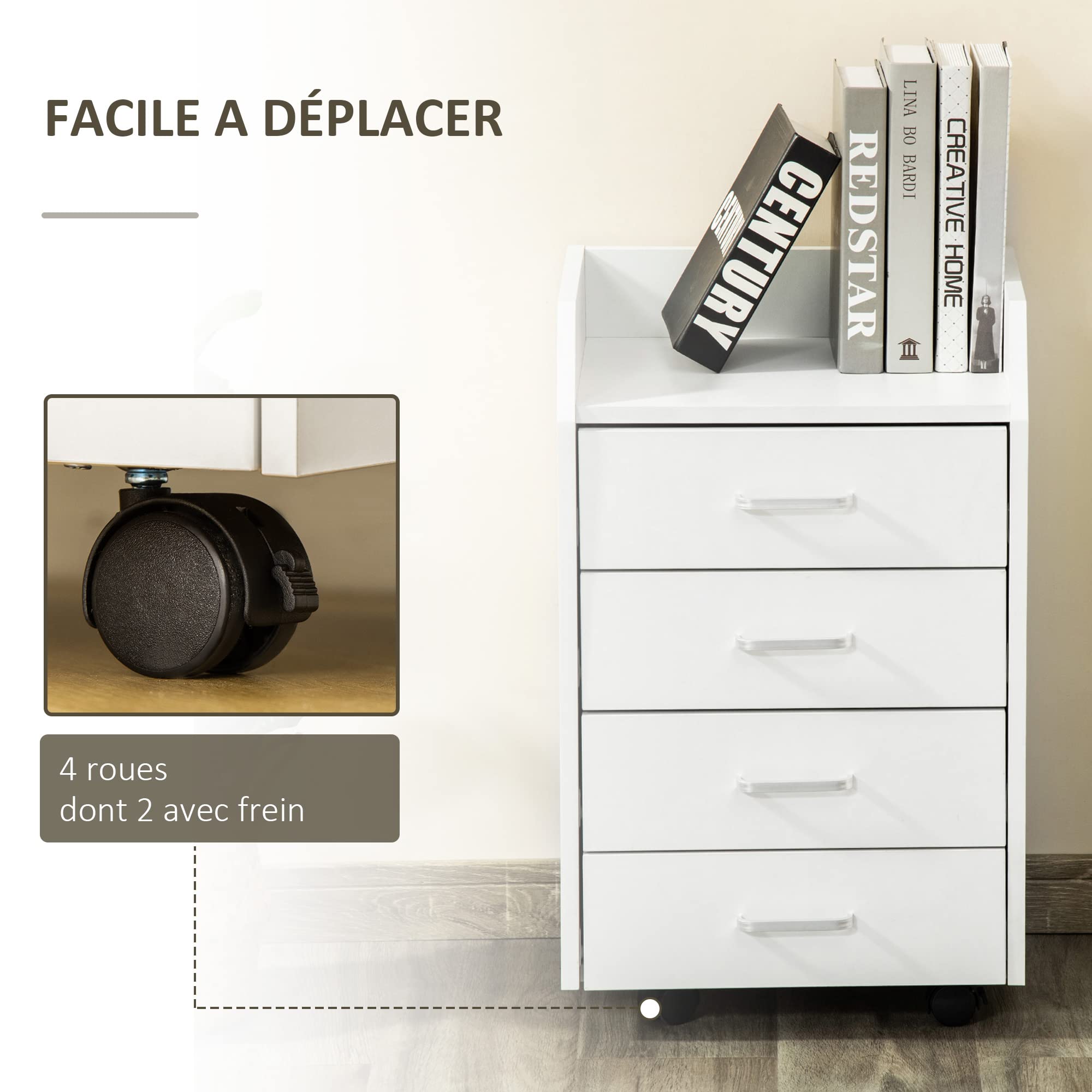 Vinsetto Caisson de bureau rangement sur roulettes 4 tiroirs coulissants MDF et panneaux de particules dim. 40L x 36l x 65H cm blanc