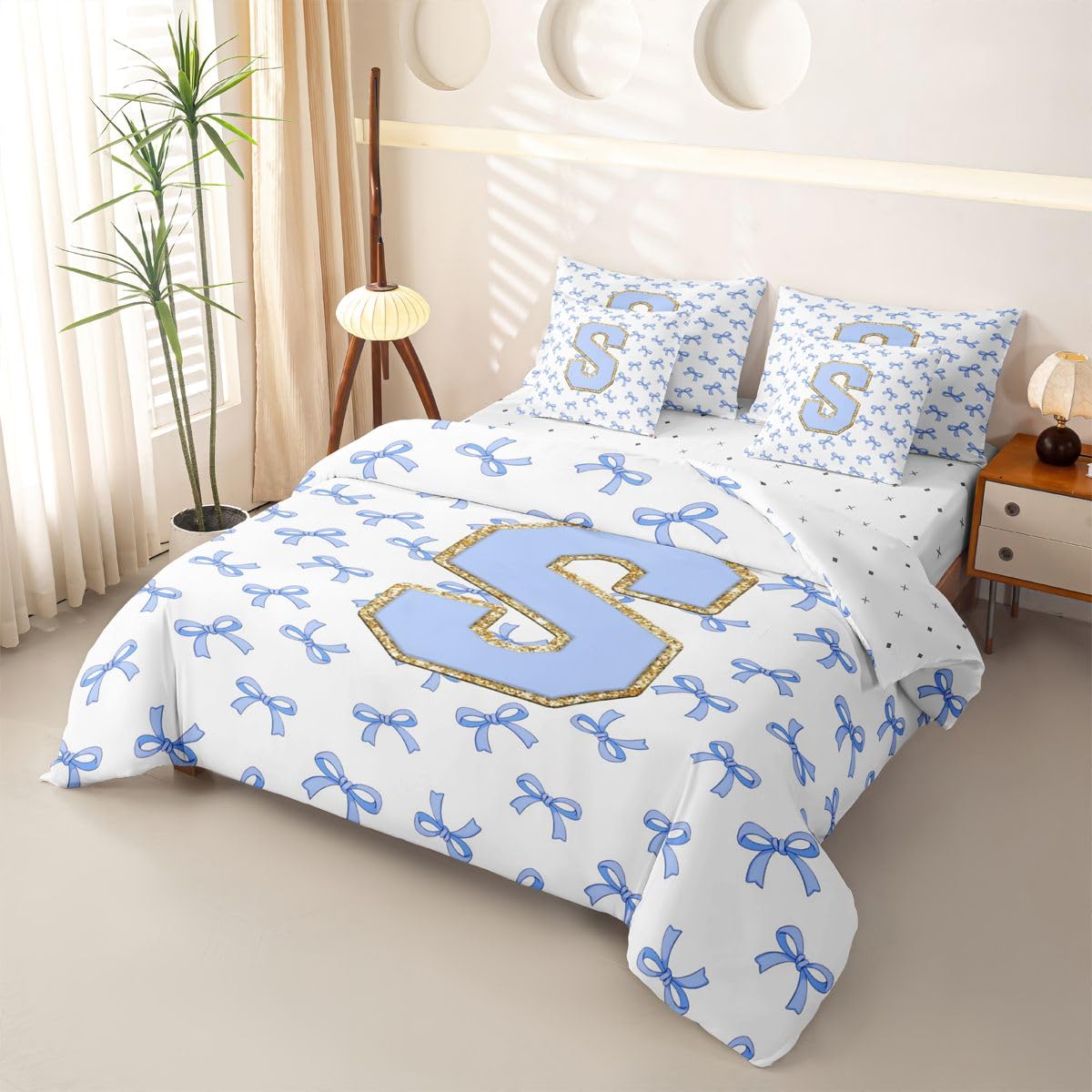 Loussiesd Sweet Blue Bows, copripiumino per letto super king, 7 pezzi