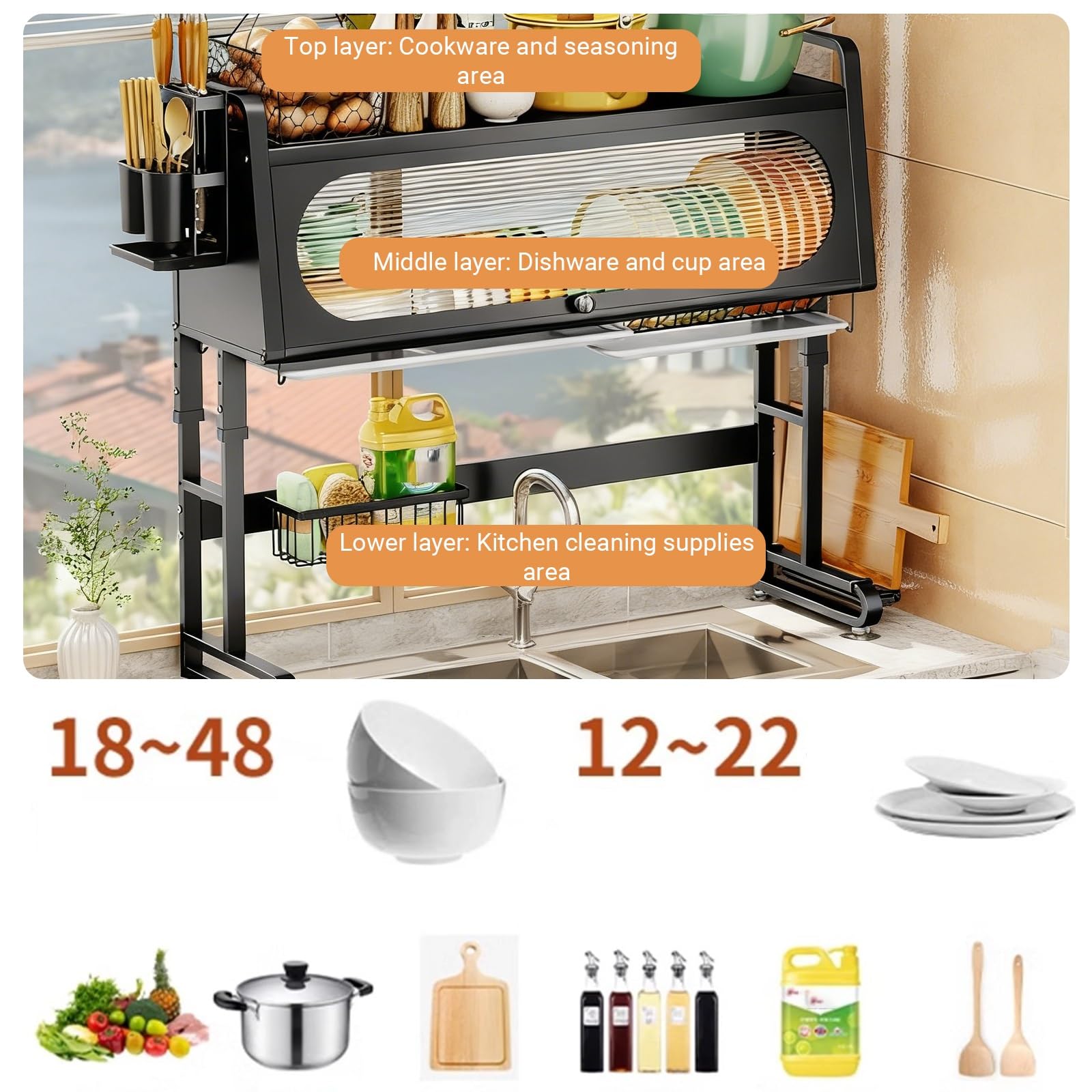 Escurridor de Platos Grande para Colocar sobre el Fregadero, Altura Ajustable, Estante de Almacenamiento con Tapa, Ahorra Espacio para Platos, Vasos, Cuencos y Cubiertos (Negro, 107 cm/42,1