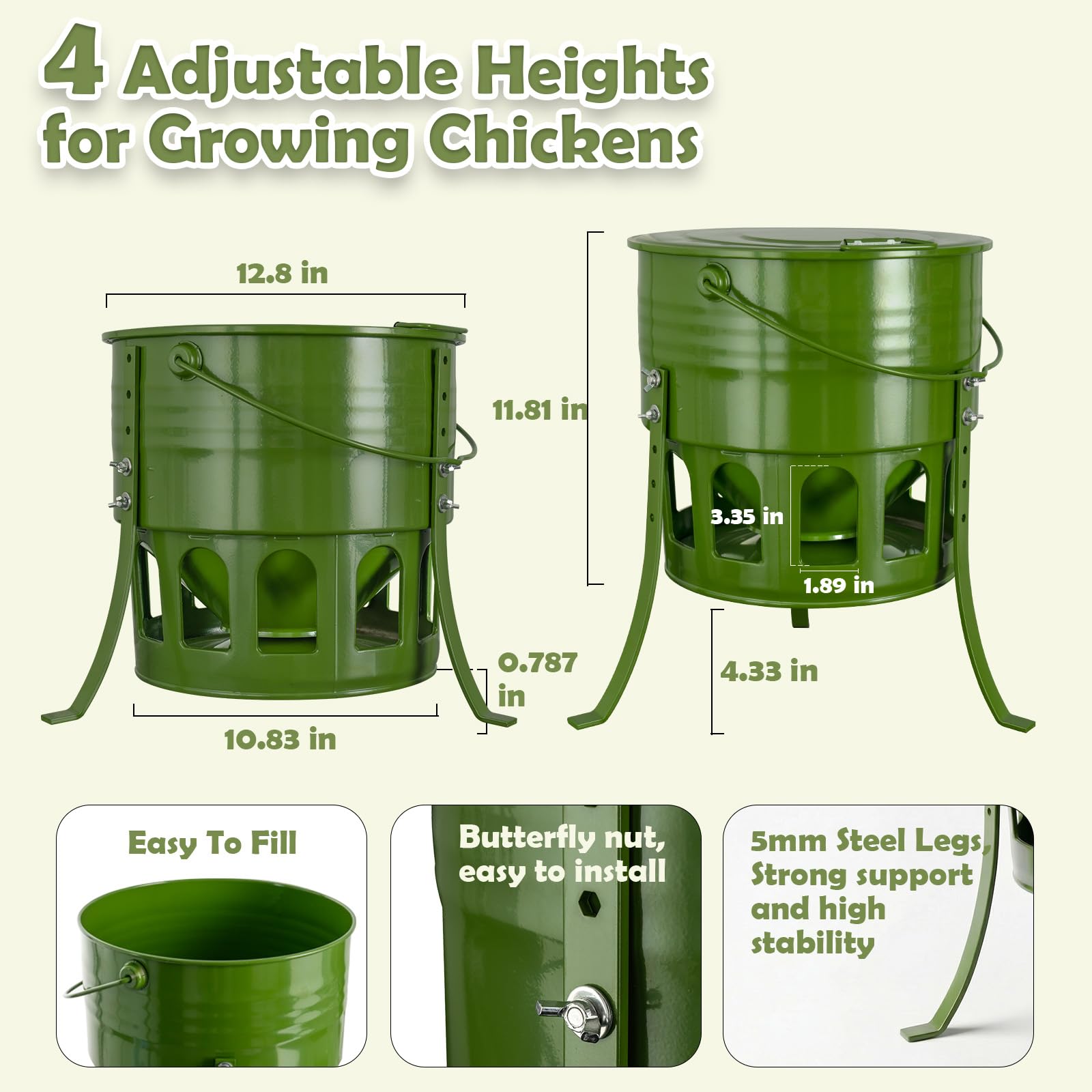 Comedero automático grande para pollos sin desperdicios, comederos colgantes de pollo de 20 libras con 12 puertos y 3 alturas ajustables, soporte de trípode de metal, comedero impermeable para aves de