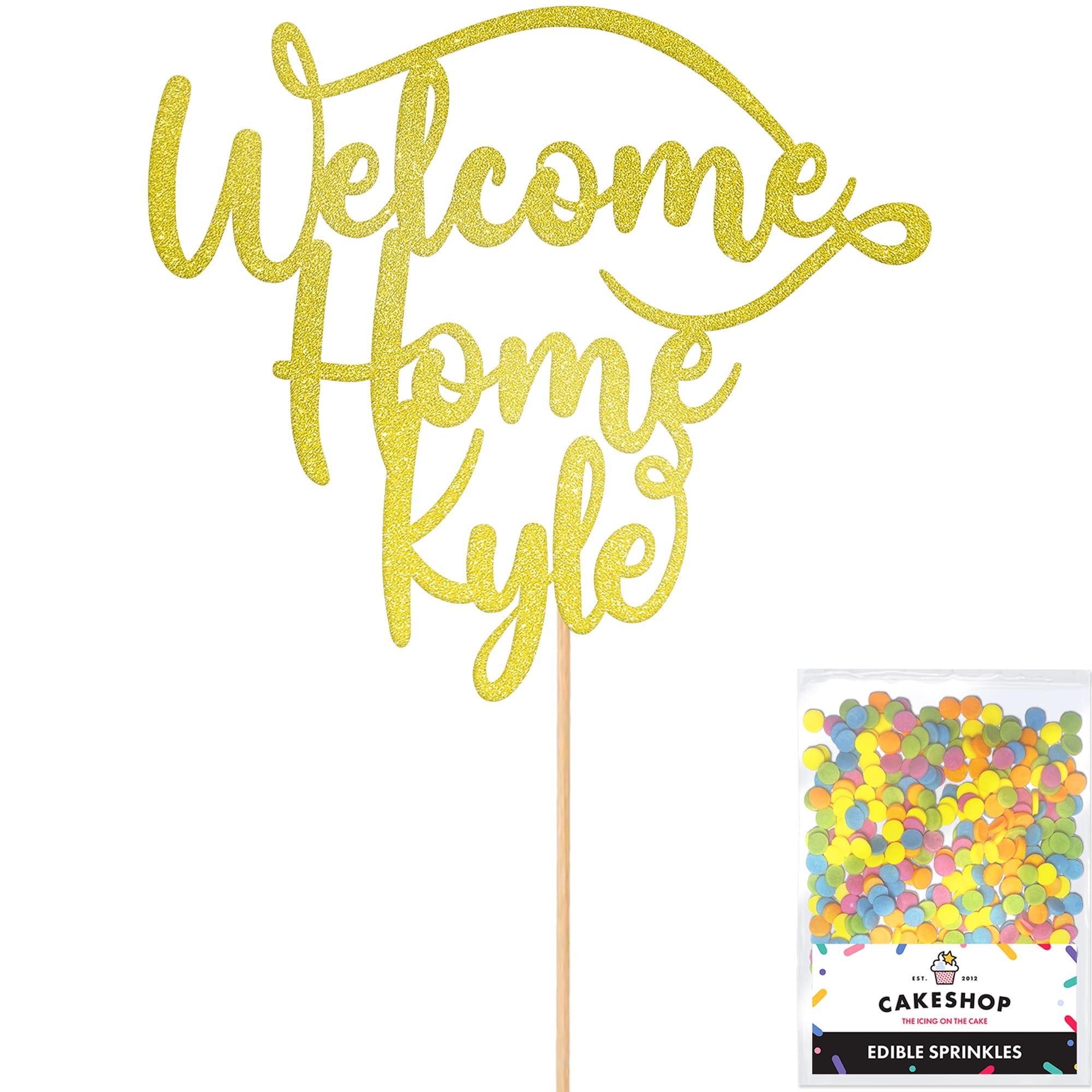Cakeshop Personalised Welcome Home Glitter Cake Topper With Sprinkles - Champagne Custom Colour - Any Name - Double-Sided Glitter Card Cake Decoration - Custom Toppers for Cakes