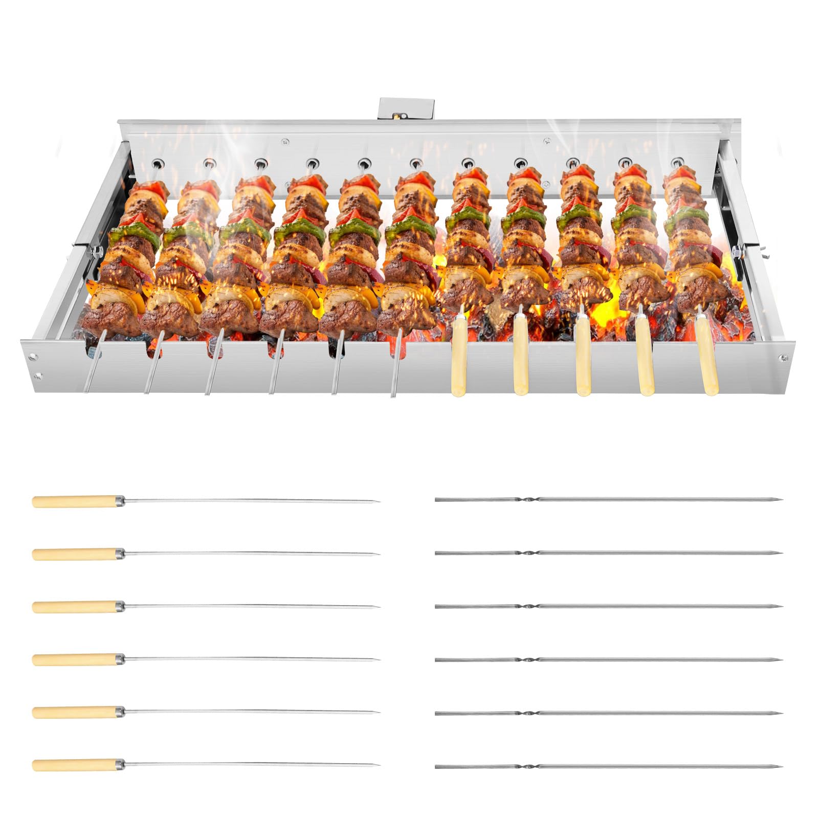 Girarrosto Elettrico Acciaio Inox, Area Cottura Regolabile 16 a 30cm, Automatica USB Girarrosto per Barbecue per Picnic Feste in Giardino Casa e Campeggio (60cm Lunghezza)