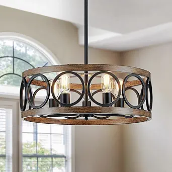 XINGQI Dining Room Chandelier Over Table, Modern Farmhouse Chandelier, 21.7'' Drum Rustic Pendant Light Fixture for Living Room, Round Metal Shade with Black+Wood Grain Finish, 5 Lights