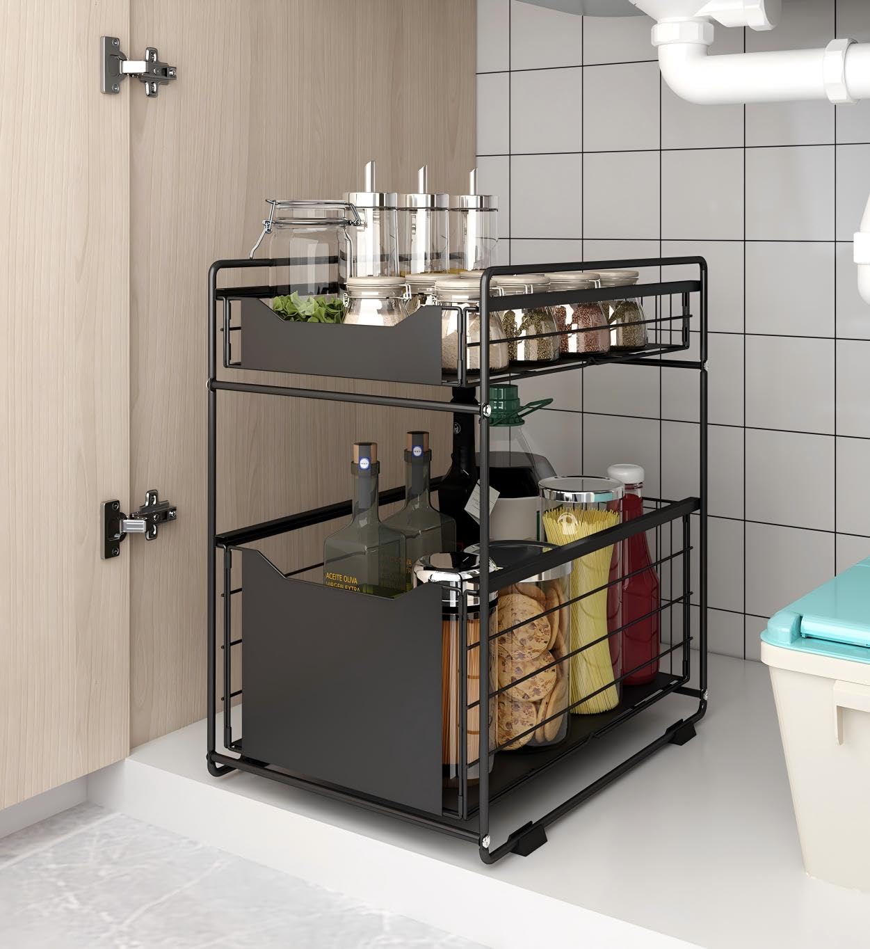 Organizzatore Scorrevole Per Sotto Lavello - 2 Ripiani Con Cassetto, Metallo Bianco - Per Cucina, Bagno O Camera - Carico 10 Kg, Facile Da Montare - Foto 9