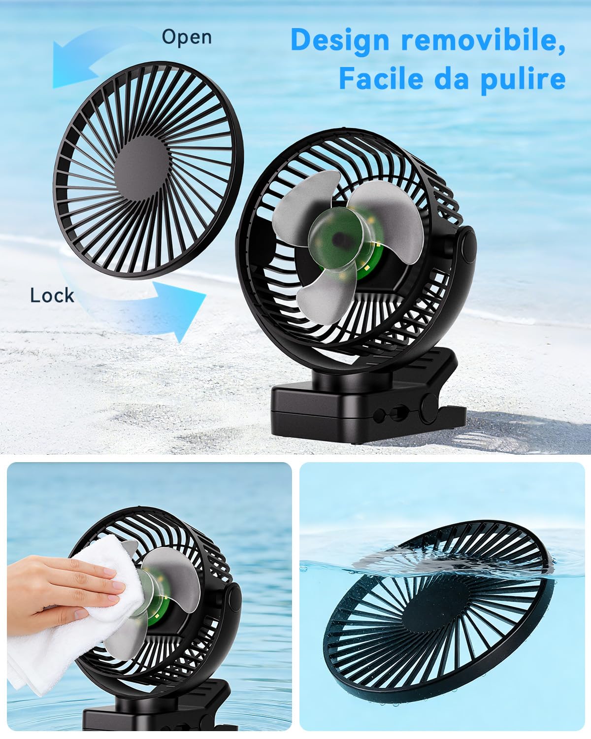 Ventilatore 4 in 1 a Pinza, Batteria 12000 mAh Ricaricabile USB, Portatile con Telecomando, Luce LED, 3 Velocità, Timer, Rotazione 360°, per Tavolo, Auto, Passeggino, Campeggio ed Esterno, Nero