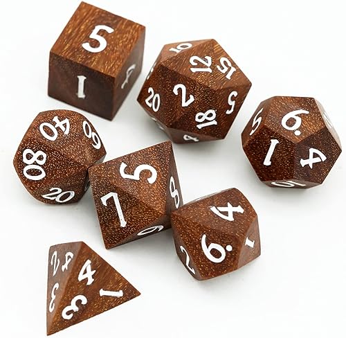 Miniatura 3 de Dados de madera DND, juego de 7 dados poliédricos con caja de hierro, dados RPG D&D hechos con madera para juegos de rol MTG Dungeons and Dragons