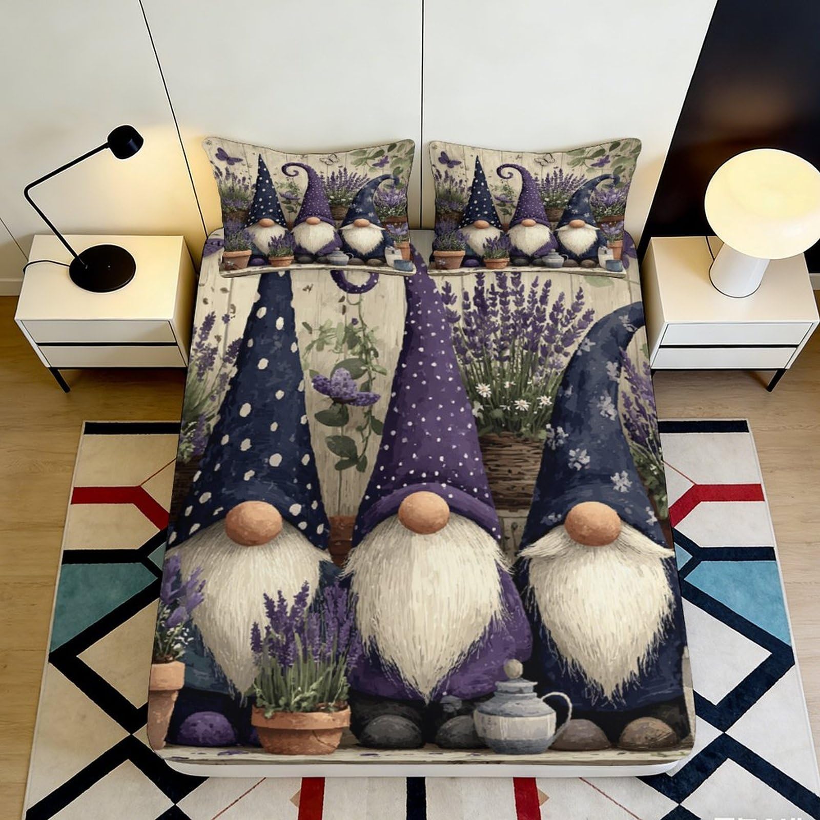 3D Printed Lavender Gnome Fitted Sheet Microfiber Soft Non-Slip Bed Cover for Bedroom Guest Room Dorm Decor 90x200x25cm