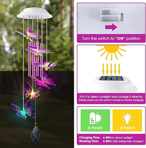 Miniatura 5 de Carillón de viento solar con mariposas, regalos para mamá y mujeres, carillón de viento LED brillante con cambio de colores para exteriores con 4