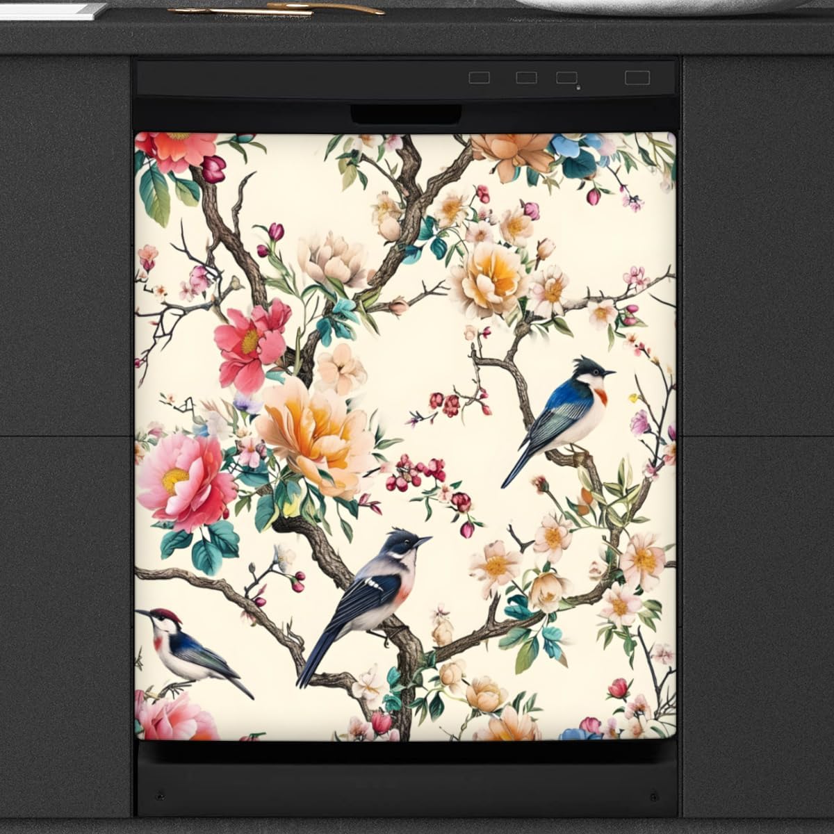 Birds Flowers Leaves Branches Dishwasher Magnet Cover Reusable Decorative Magnetic Door Cover Dishwasher Covers for The Front Magnetic Kitchen Refrigerator Appliance Decor 23 x 26 Inches