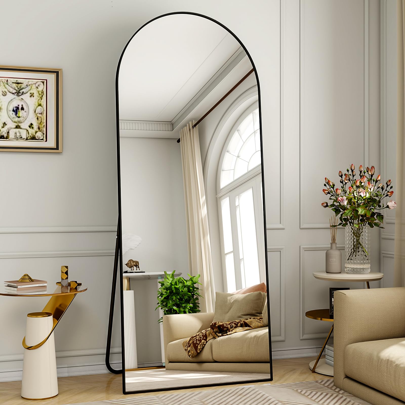 BEAUTYPEAK 165x60 cm Arched Full Length Mirror, Aluminum Frame, Standing Hanging or Leaning, Shatterproof, for Living Room Bedroom, Black — image 1
