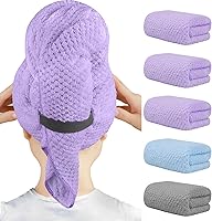 HOMEXCEL 5-Pack Microfiber Hair Towels 40x20" - Super Soft, Fast-Drying Turbans for Curly Thick Hair, Anti-Frizz Wraps w/ Durable Elastic, Purple/Blue/Grey