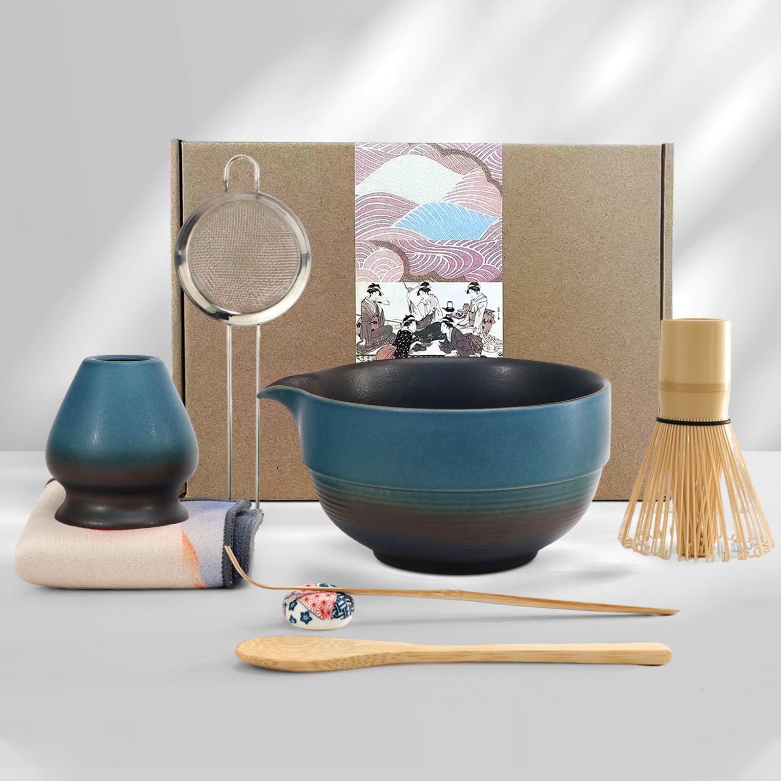 8Pcs-Matcha Whisk Set, Includes Bamboo Matcha Whisk and Holder, Matcha Bowl with spout, Matcha Sifter Strainer Spoon Scoop Chasen Holder Towel- Perfect Japanese Tea Set(Blue)
