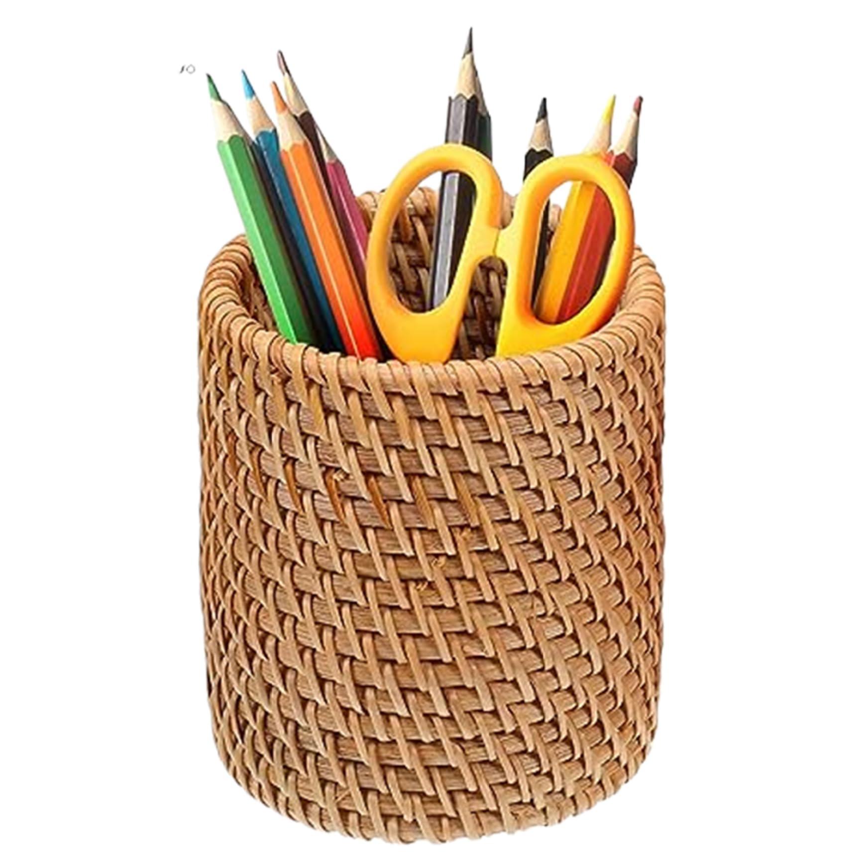 Cnafgbgg 3X3.9 Inch Pencil Pot Wicker Pen Pot For Desk Woven Rattan Makup Brush Organizer Cup Boho Pencil Holder Desk Organizer For Office & Home Desktop, Kitchen Utensil Cutlery..