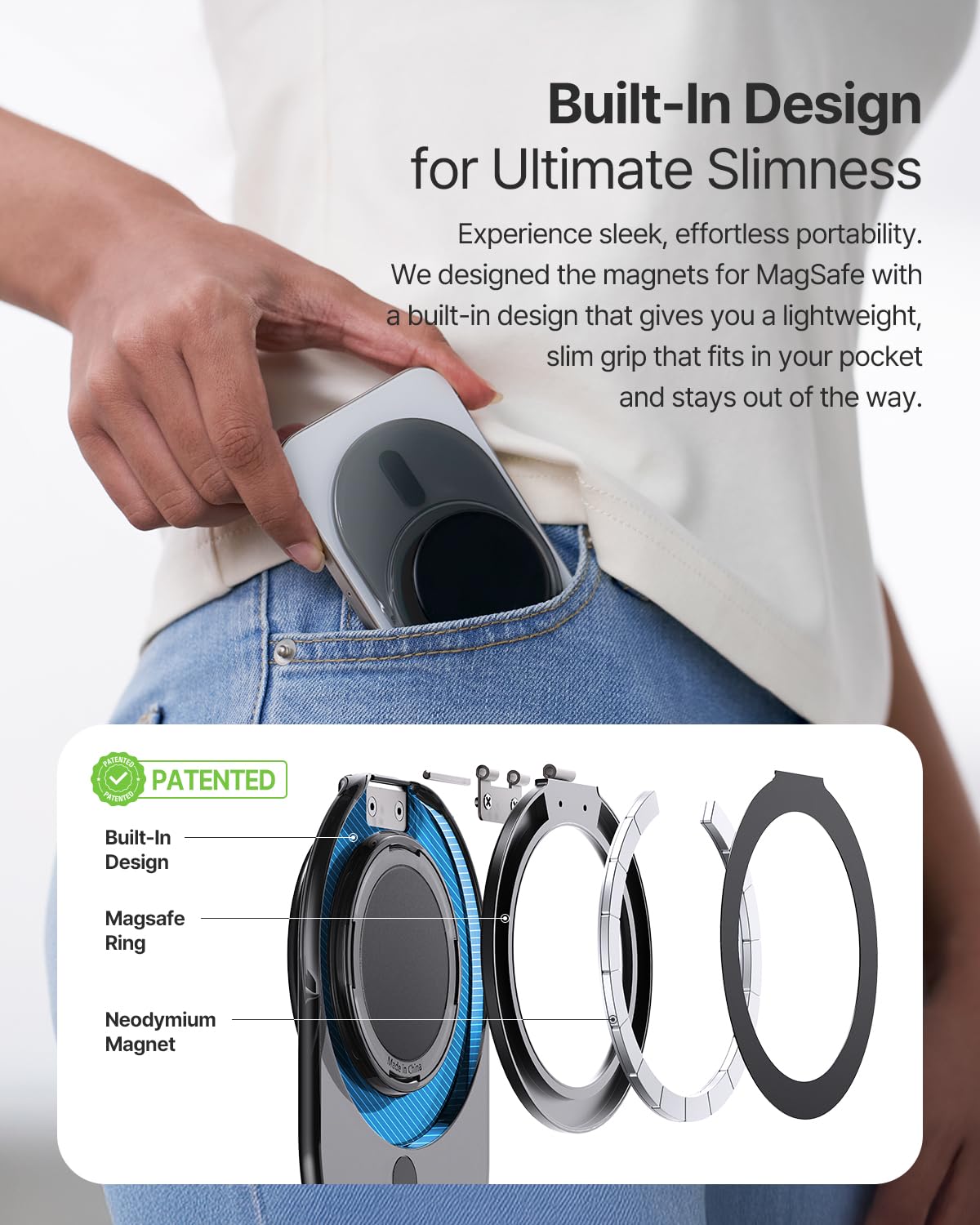 Sinjimoru Soporte de agarre para teléfono, compatible con MagSafe, anillo adaptador incluido, soporte de 3000 G para iPhone 17/16/15/14/13. Soporte M-Tap Tok blanco transparente