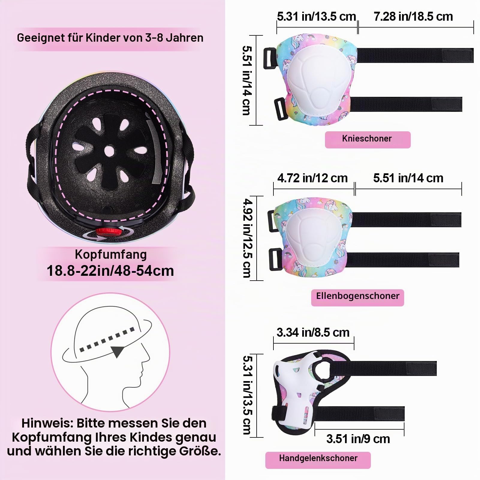 Unicorn Castle Kinder Helm Knie Ellenbogen Handgelenk Pads Verstellbare Knieschoner Ellenbogenschoner Handgelenkschoner Skateboard Helme für Radfahren Skating Mädchen, 3-8 Jahre