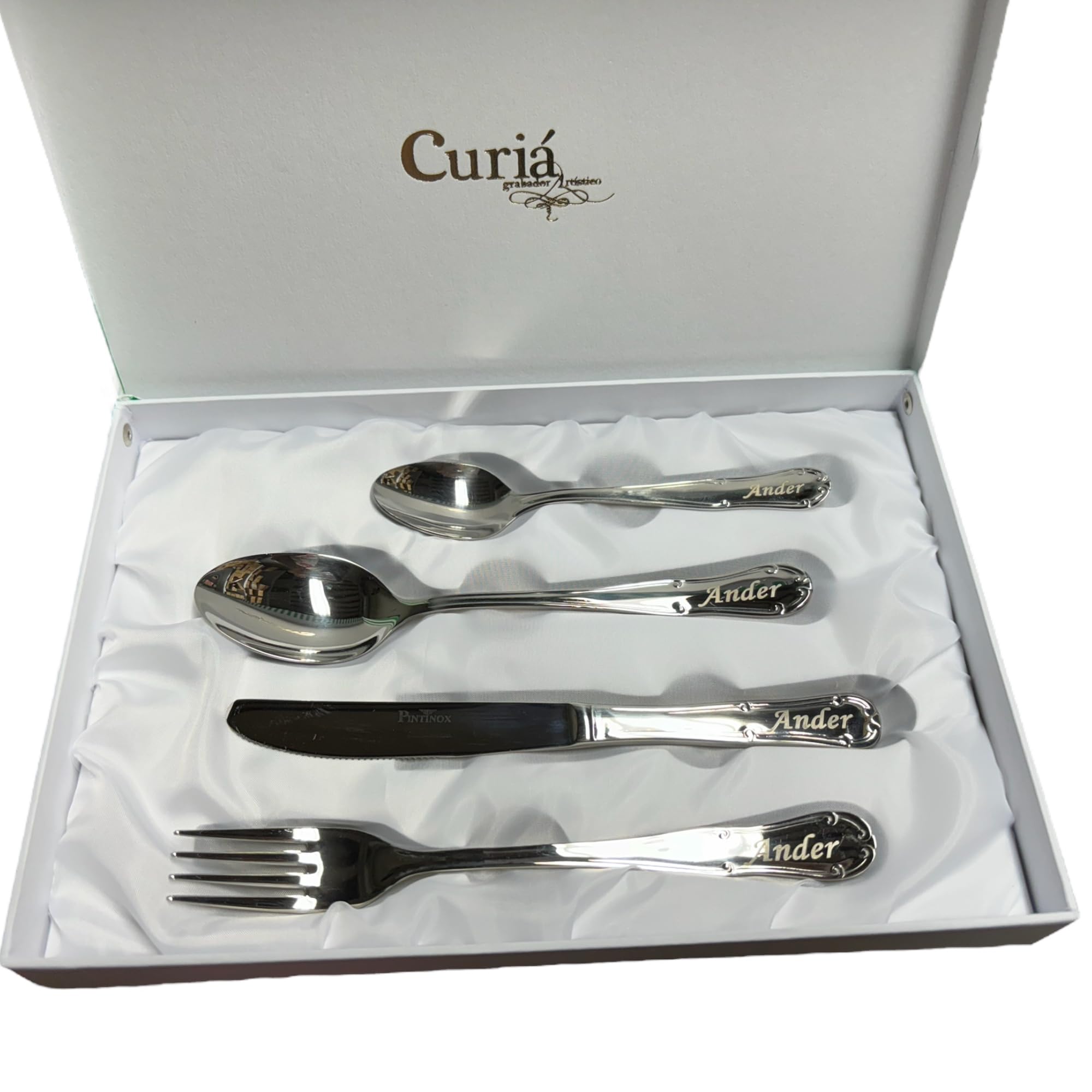 Curia Grabador - Juego de Cubiertos de Comunión Cadete Personalizados - Cubiertos Grabados con Nombre y Fecha | Estuche de Regalo Incluido, Acero Inoxidable 18/10. Clasico