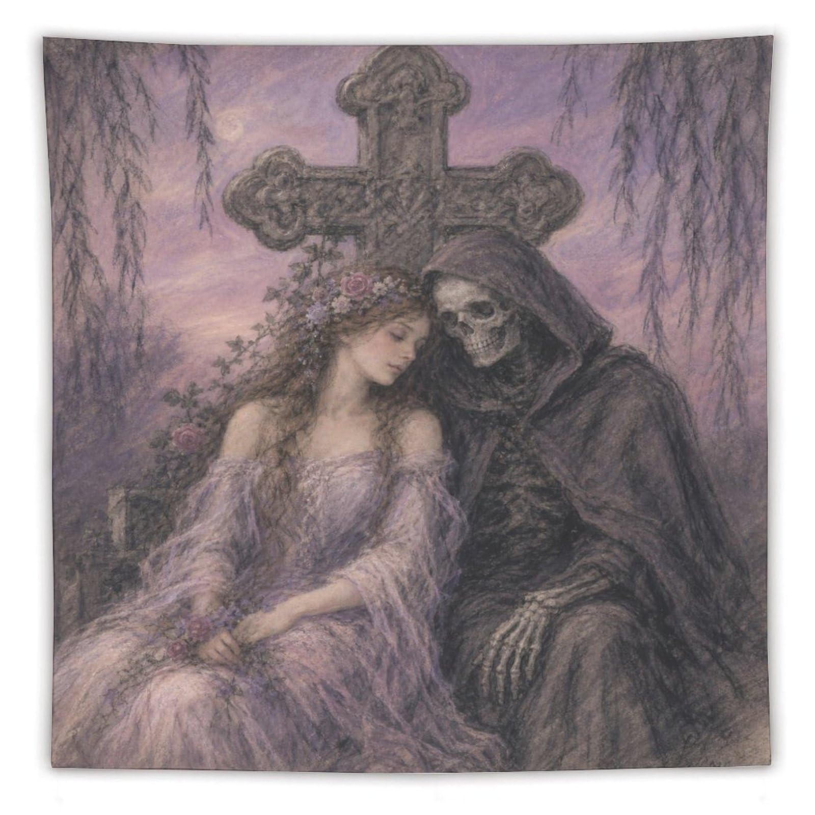 H3B8U2Y5 Gothic Bride with Death Wall Tapestry, Gothic Oil, Dark Romance