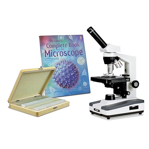 Parco Scientific Monocular Compound Microscope, 40x—1000x Magnification, LED, Mechanical Stage, Rechargeable Battery, Microscope Book, 100 Prepared Slides Variety Set, Package ($10 Value)