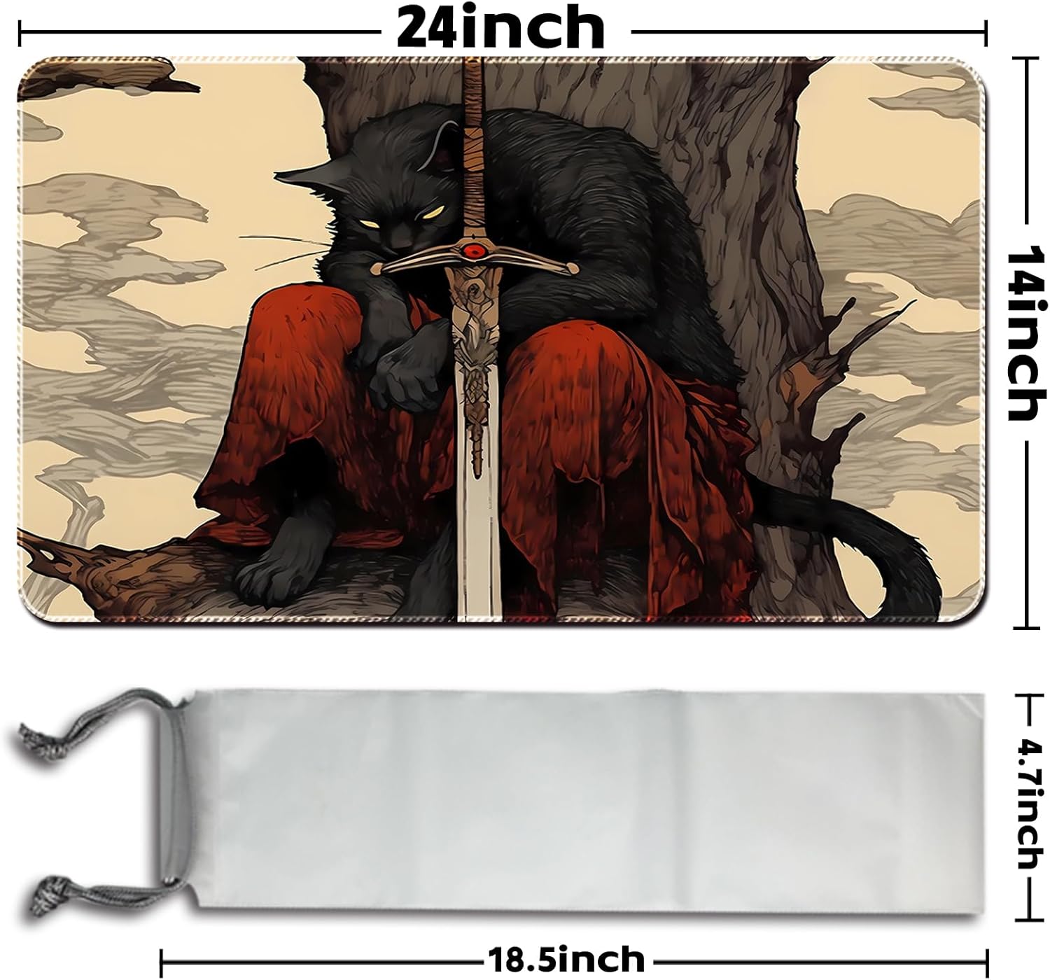 Playmat Board Game MTG Duel Playmat Trading Card 24 x 14in Stitching Edges Compatible for TCG CCG RPG OCG with Card Zones + Including Storage Bags (Cat Swordsman,No Zone)
