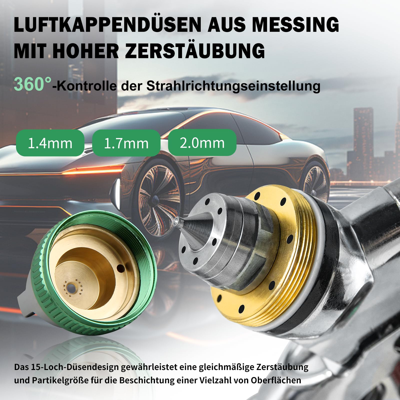 RRJ HVLP Lackierpistole Spritzpistole Kit 1,4/1,7/2,0mm Profi Druckluft Schwerkraft Sprühgeräte 600 ml Plastikbecher Luftdruckregler Grün