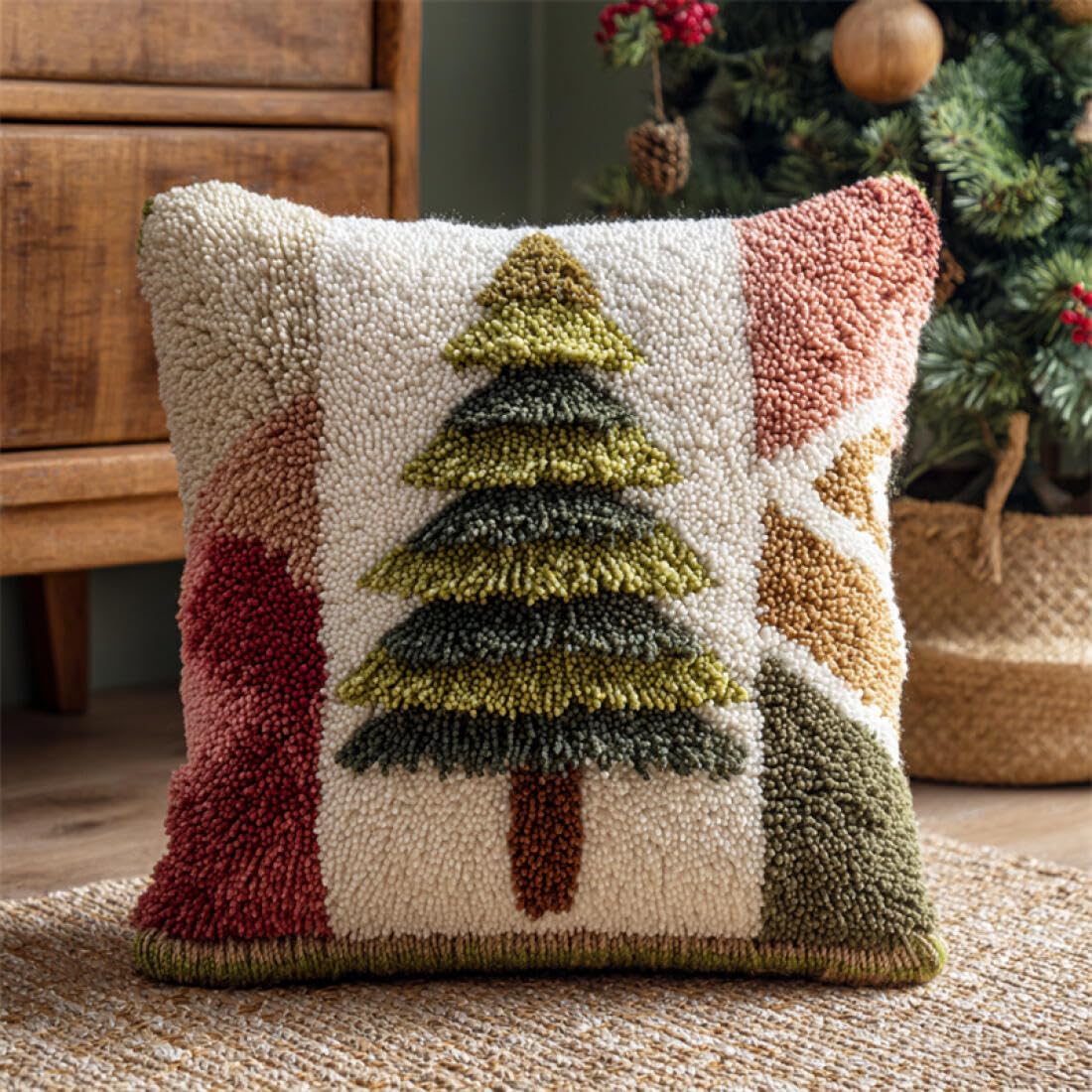 Kitquiver DIY Latch Hook Kit Cartoon Christmas Tree DIY Latch Hook Rug Kit for Beginners Embroidery Cushion Canvasfor Adult Beginners 17x17In
