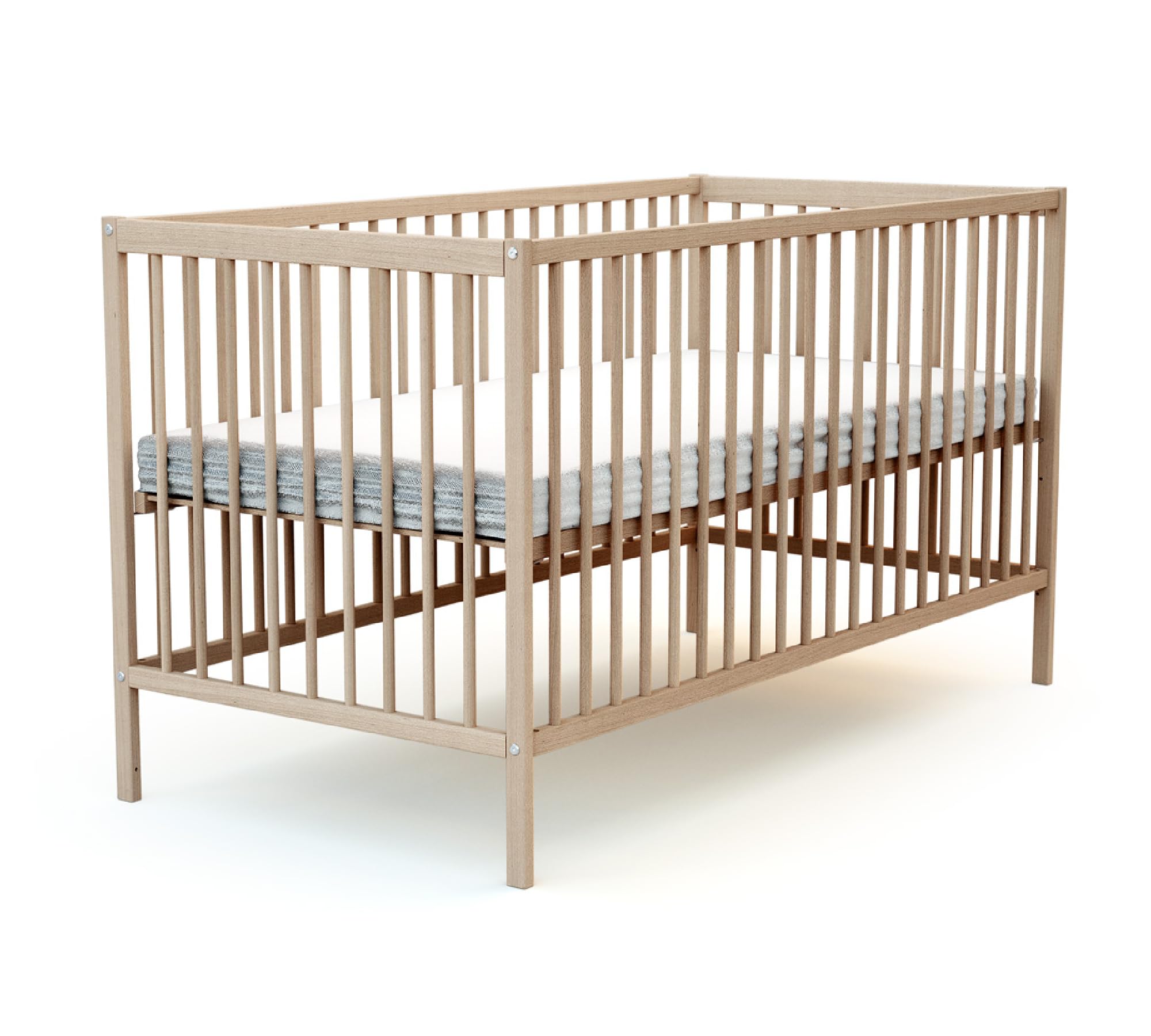 AT4 - Lit Bébé 70x140 ESSENTIEL Hêtre Brut| 144 x 74 x 86,5 cm | Sommier à lattes réglable 3 hauteurs