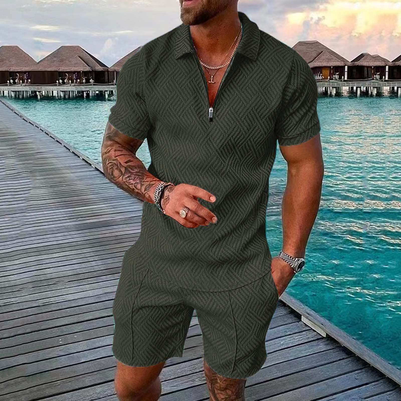 Zweiteiler Herren Sommer Kurz Sport Klamotten Sommer Outfit Sommer Casual Polo Hemd Set Hemd mit Shorts Kurzarm Hawaii Trainingsanzug T-Shirt und Shorts Set Strick Männer