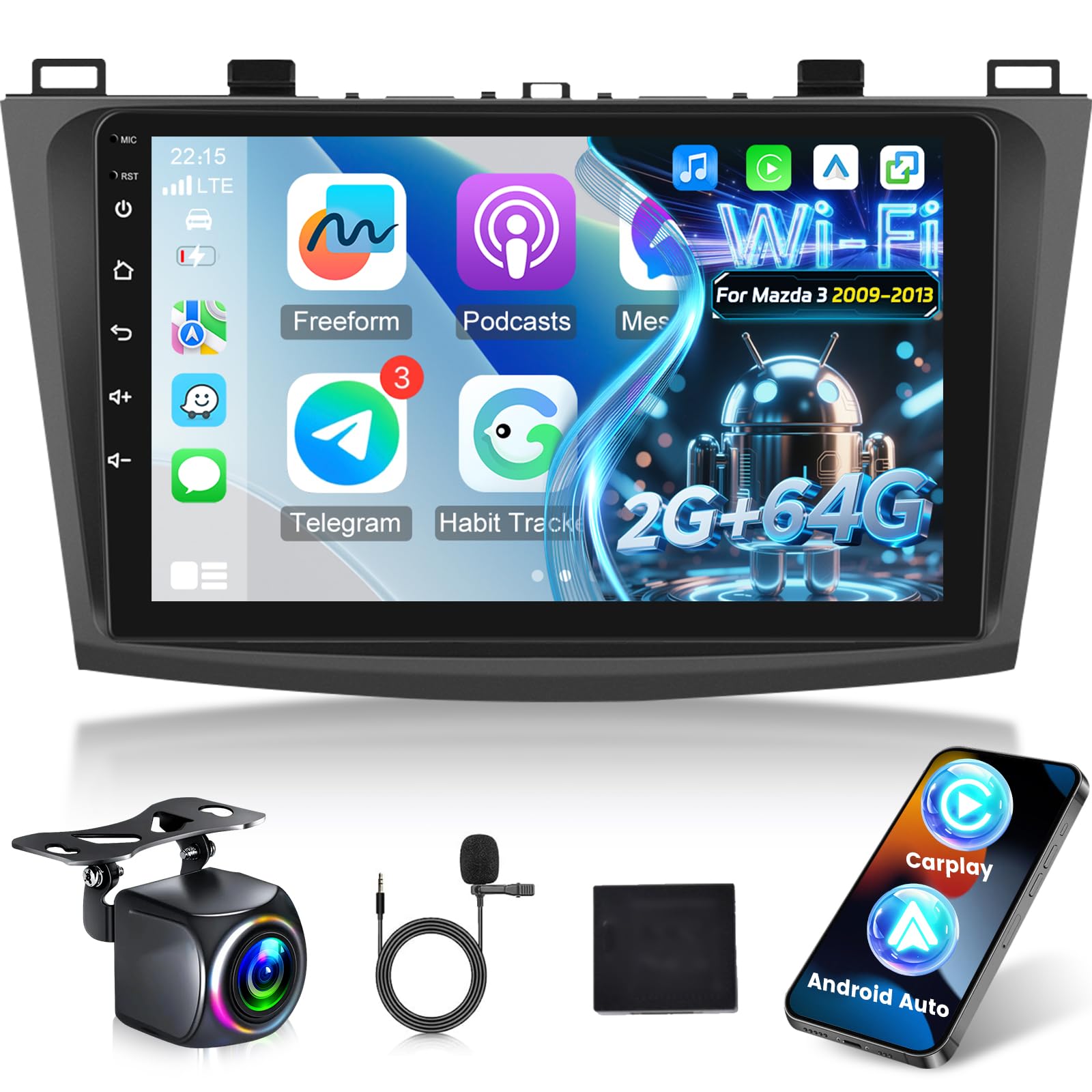 Android Radio Coche para Mazda 3 2009-2013 con Wireless Carplay y Android Auto, Radio de Coche con Pantalla Táctil HD de 9 Pulgadas con GPS/WiFi/Bluetooth/EQ/FM RDS
