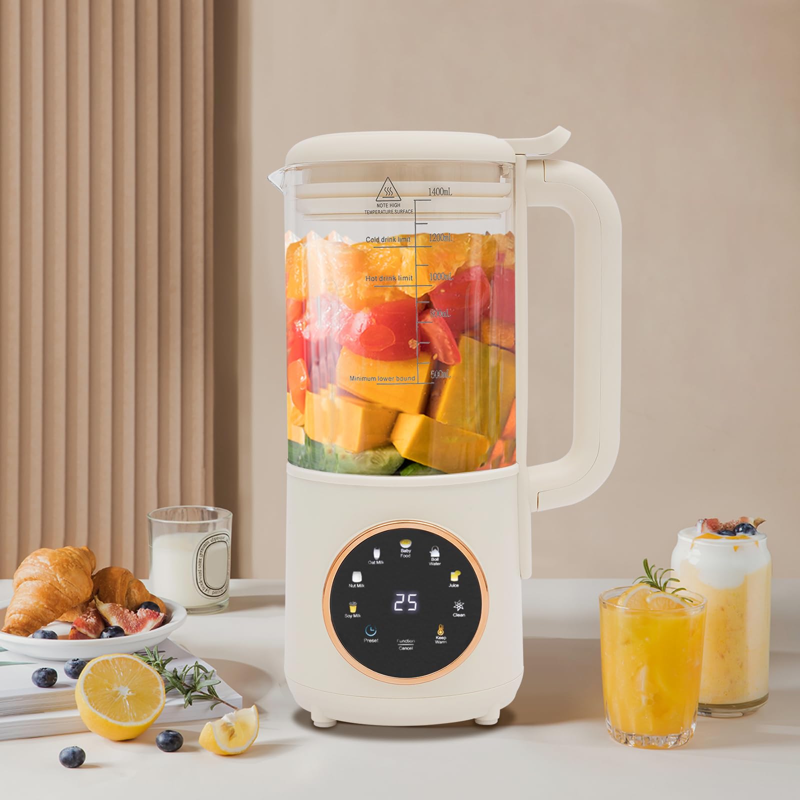 Vollautomatischer Sojamilchbereiter 1,4L, 24h Vorwahl & 6h Warmhaltefunktion, 600W Nussmilchmaschine, Selbstreinigungsfunktion für Sojamilch, Nussmilch, Hafermilch, Babynahrung, Saft