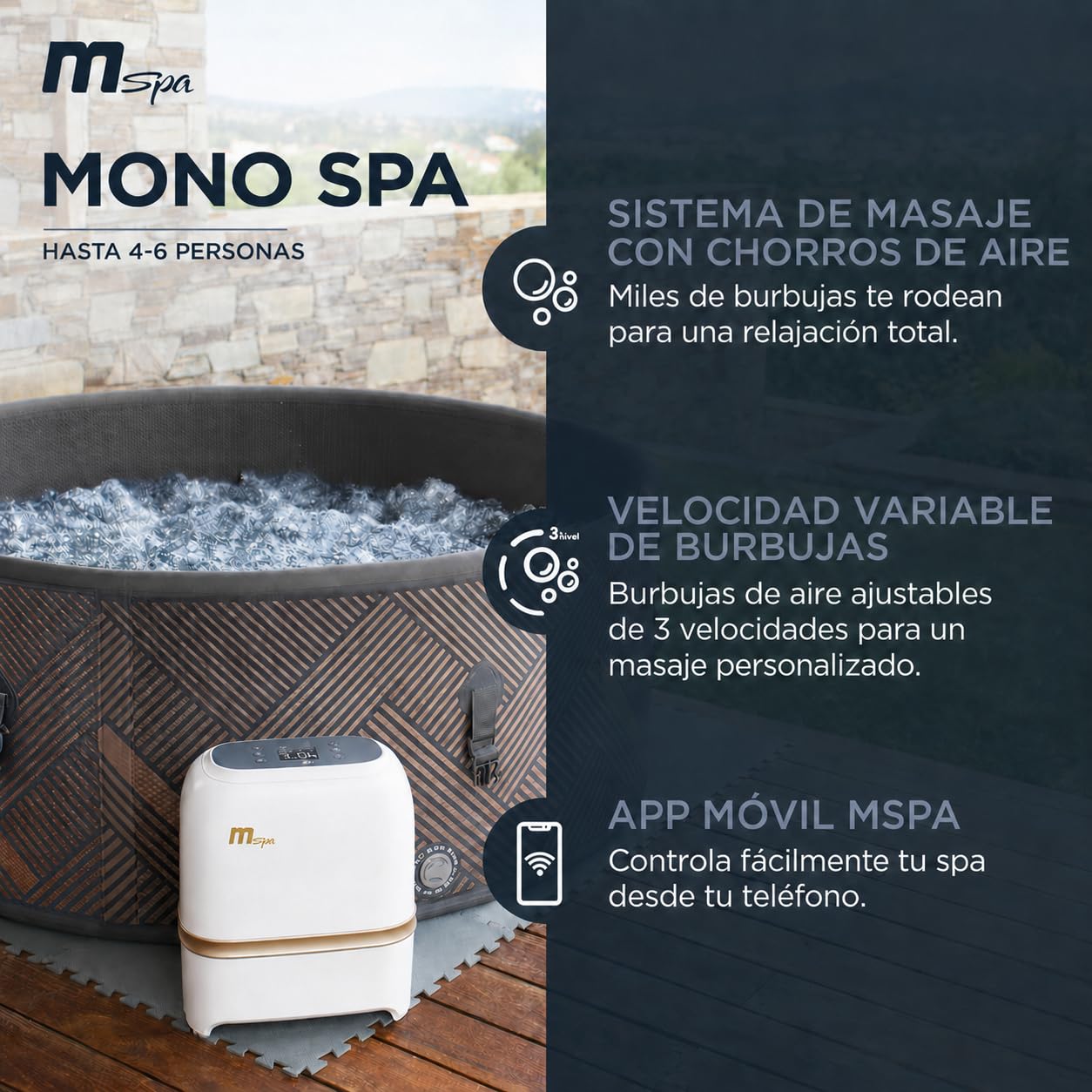 MSpa Mono-Eco SPA Hinchable semirrígido Circular 4-6 Personas con hidromasaje Air Jet, calefacción, filtración Inteligente y desinfección UVC