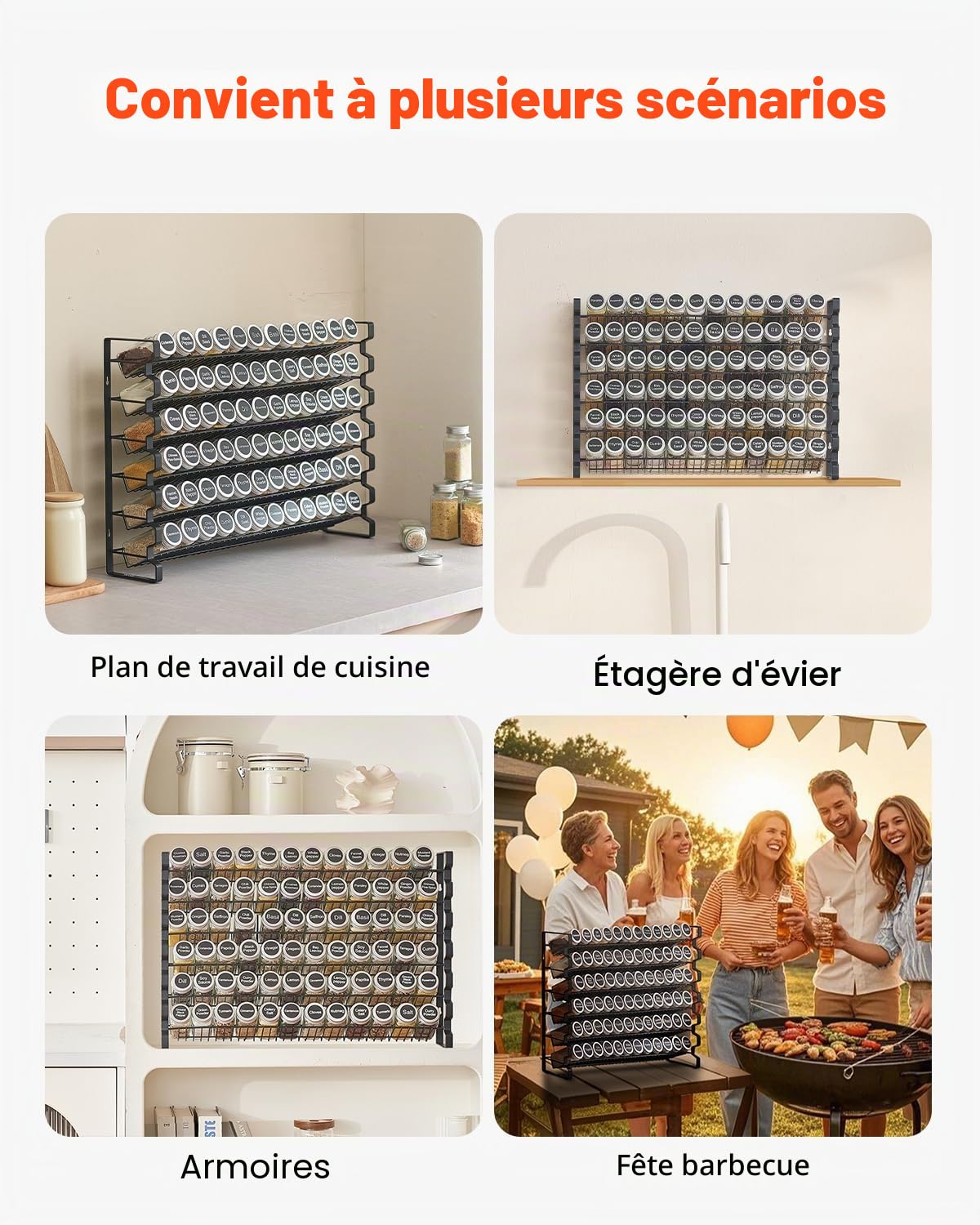 VEVOR Étagère à épices pour armoire, avec 72 pots à épices vides, couvercles, étiquettes et entonnoir, ensemble complet, organiseur d'assaisonnement pour comptoir, cuisine, garde-manger, placard, noir