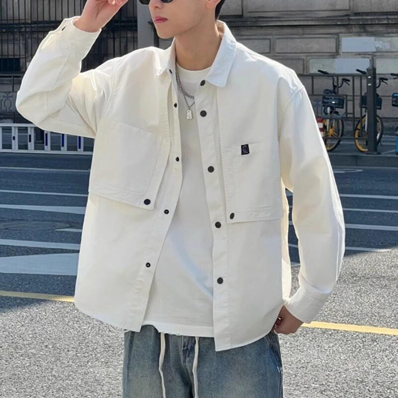 Camicia da lavoro da uomo a manica lunga in cotone, casual, taglio ampio, con bottoni e 2 tasche