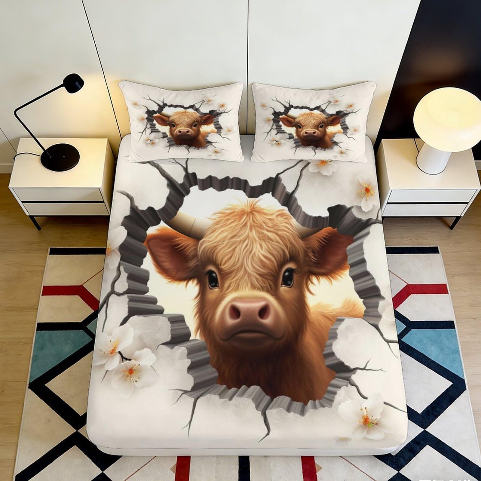 3D Printed Highland Cow Fitted Sheet Microfiber Soft Anti-Slip Cartoon Animal Mattress Cover for Bedroom Dorm Room Decor 120x200x25cm