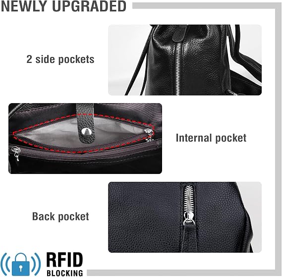 BOYATU Leather Backpack Purse for Women Fashion Design Ladies Shoulder Bag | Full-Grain Leather | Work Commuter & City Travel | Fashion RFID Pocket Bag | Compact Everyday Essentials (Black)