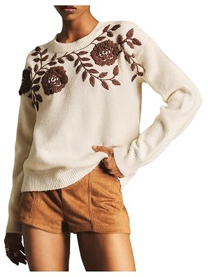 Womens Floral Print Sweater Crew Neck Long Sleeve Ribbed Knit Pullovers Fall Winter Outfits