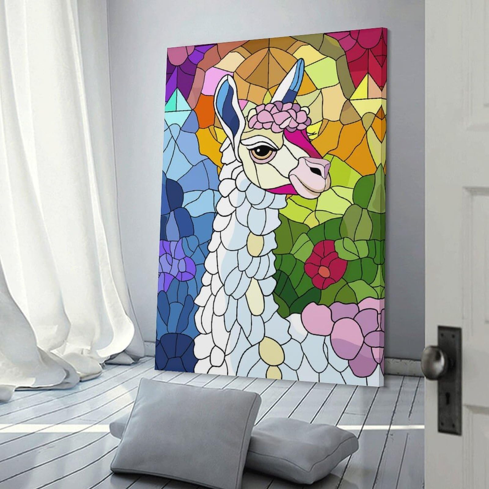 Junmoney Canvas Art Print Stained Glass Llama with Flowers, 20x30inch(50x75cm), for Calm Bedrooms, Home Corners Or Flats, A Warm Accent for Relaxed Interiors