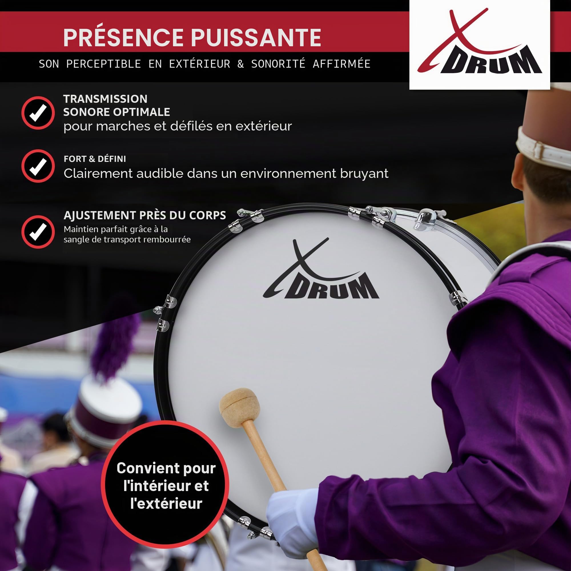 XDrum MBD-226 Grosse caisse de marche 26" x 12" — 10,5 kg, blanche. 4 œillets de fixation, 8 vis de tension par côté. Livrée avec maillets, sangles de transport et clé de tension