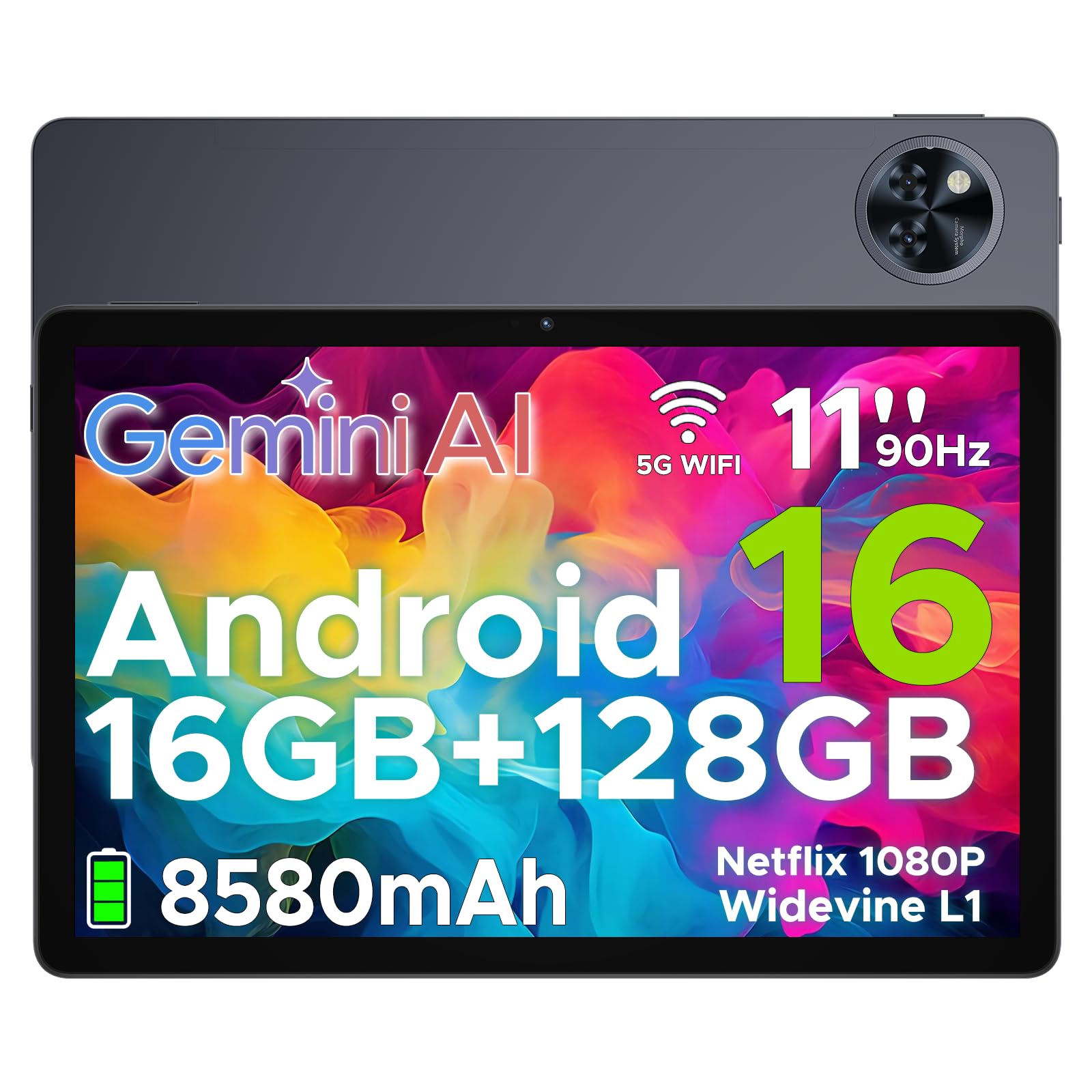 DOOGEE U11 Tablet Android 16, Tablet 11 Pollici, Gemini AI, 16GB RAM + 128GB ROM/2TB TF, 8580Amh, 7.9mm Thin, T7200 Octa-core, 90Hz 13MP, Support Face Unlock/GPS Grigio