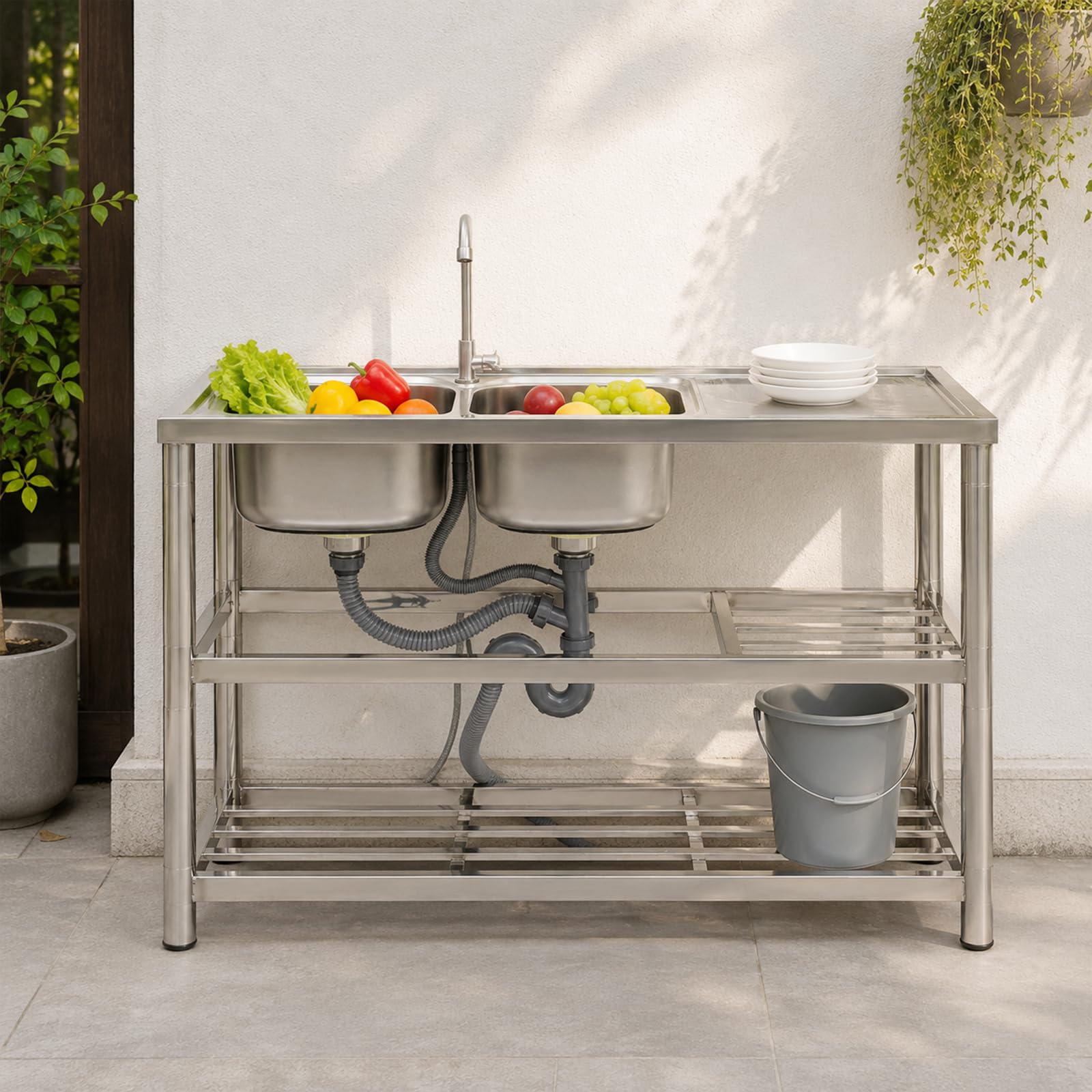 Lavello da cucina autoportante in acciaio inox, doppio lavello da cucina